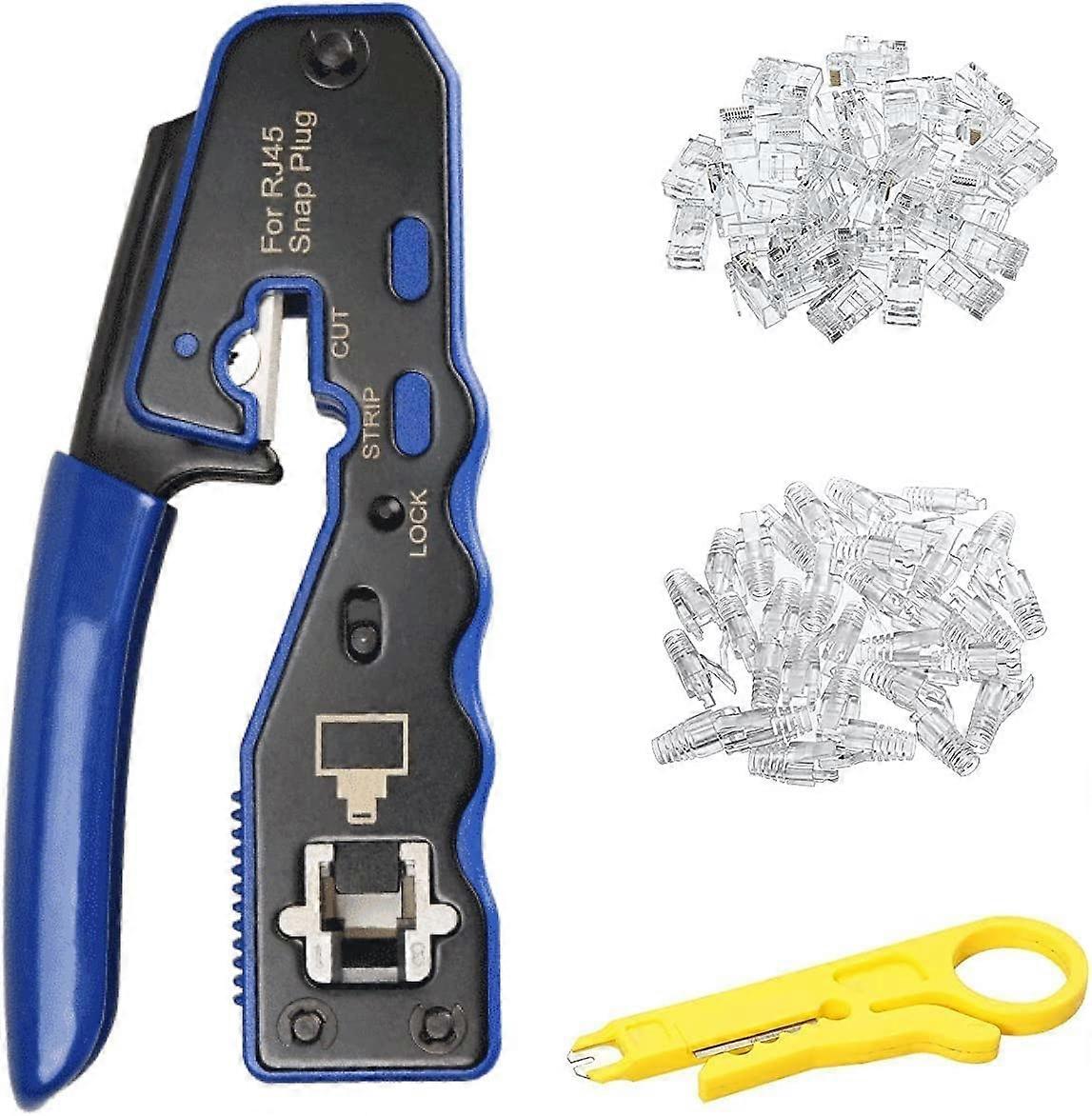 RJ45 Crimp Tool Set with 50 CAT6 GJ670BL Connectors and 50 RJ45 Protective Covers for Cat6a Cat5e Cat5 23AWG Sockets and Mini Wire Stripper