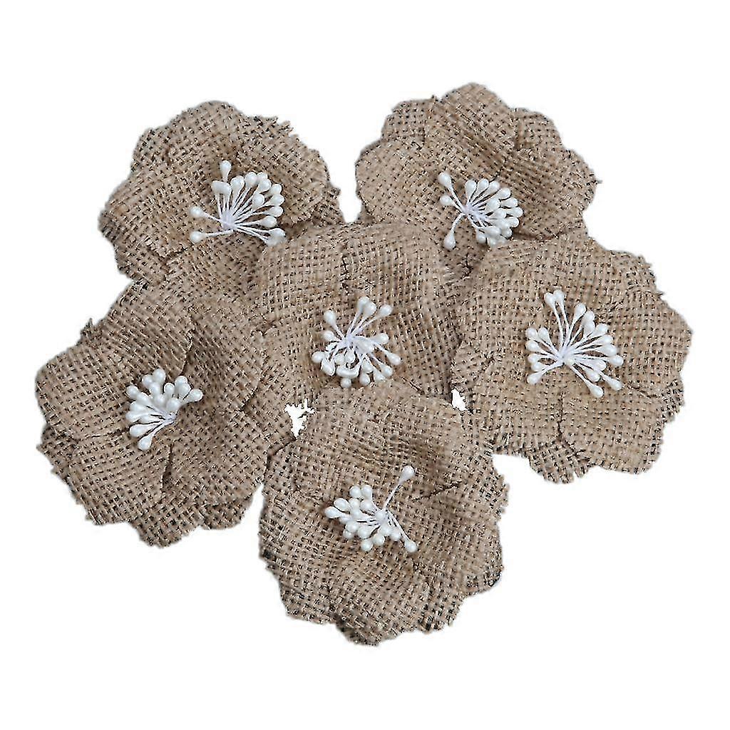 6pcs Hessian Burlap Flowers Beads Rustic Wedding Craft Making Decor