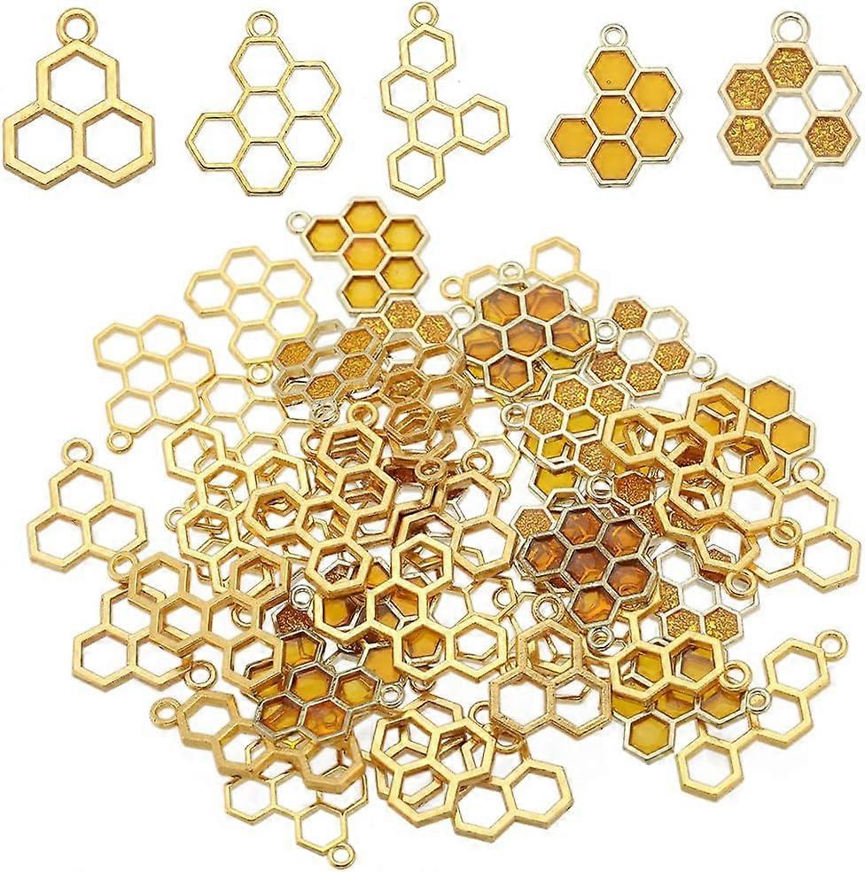 1Box 60Pcs 5Styles Bee Charms Honeycomb Charms Bulk Honeycomb Enamel Charm Mini Honeycomb Charm Hollow Sweet Honey Charms