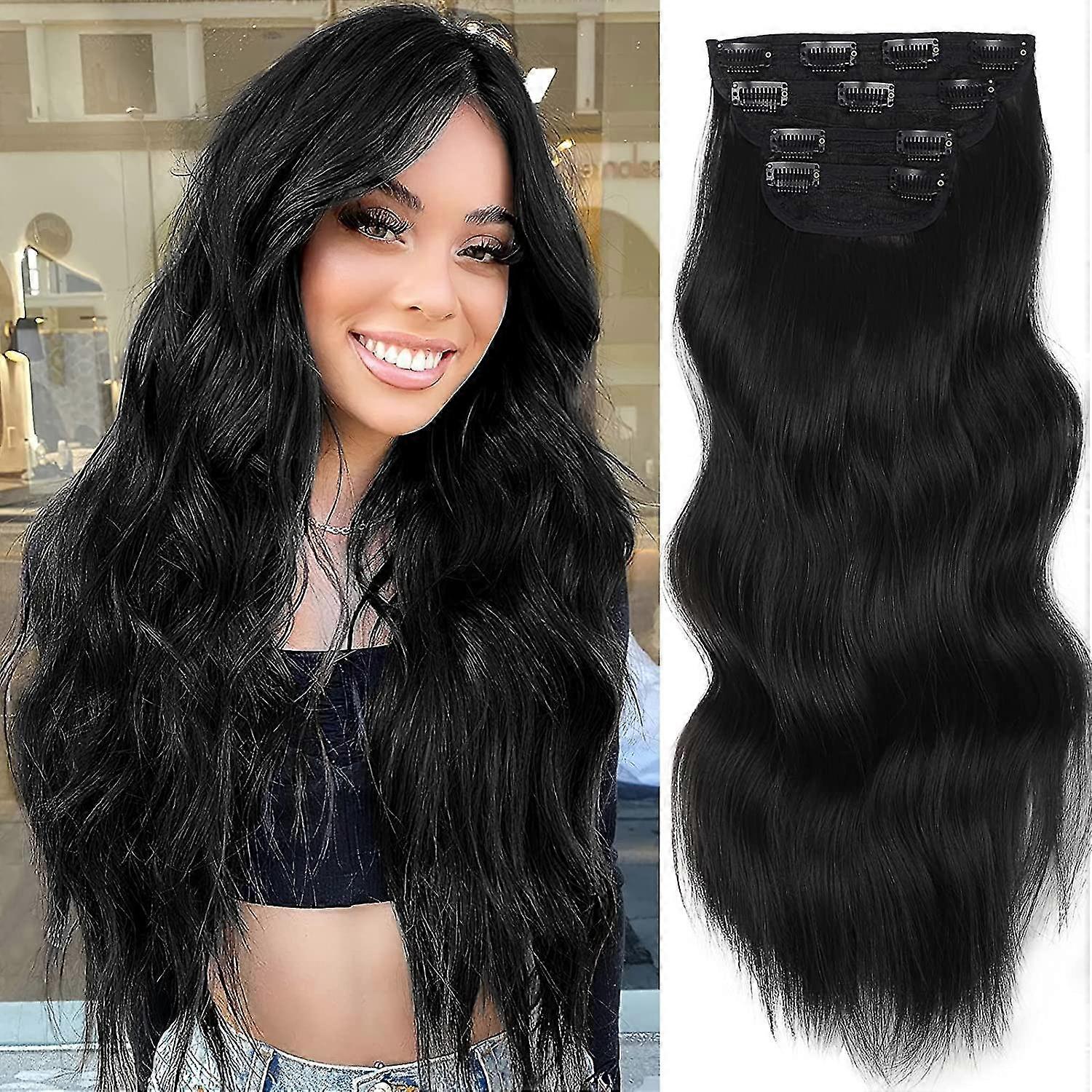 Black Hair Extension, Natural Synthetic Clip In Hair Extensions, 4pcs Thick Hairpieces Double Weft