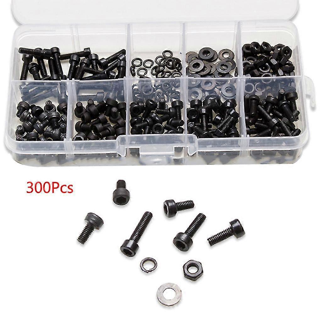 300pcs/box Black Metal M3 Allen Bolts Hex Socket Round Cap Head Screws And Nuts Assortment Kit Set