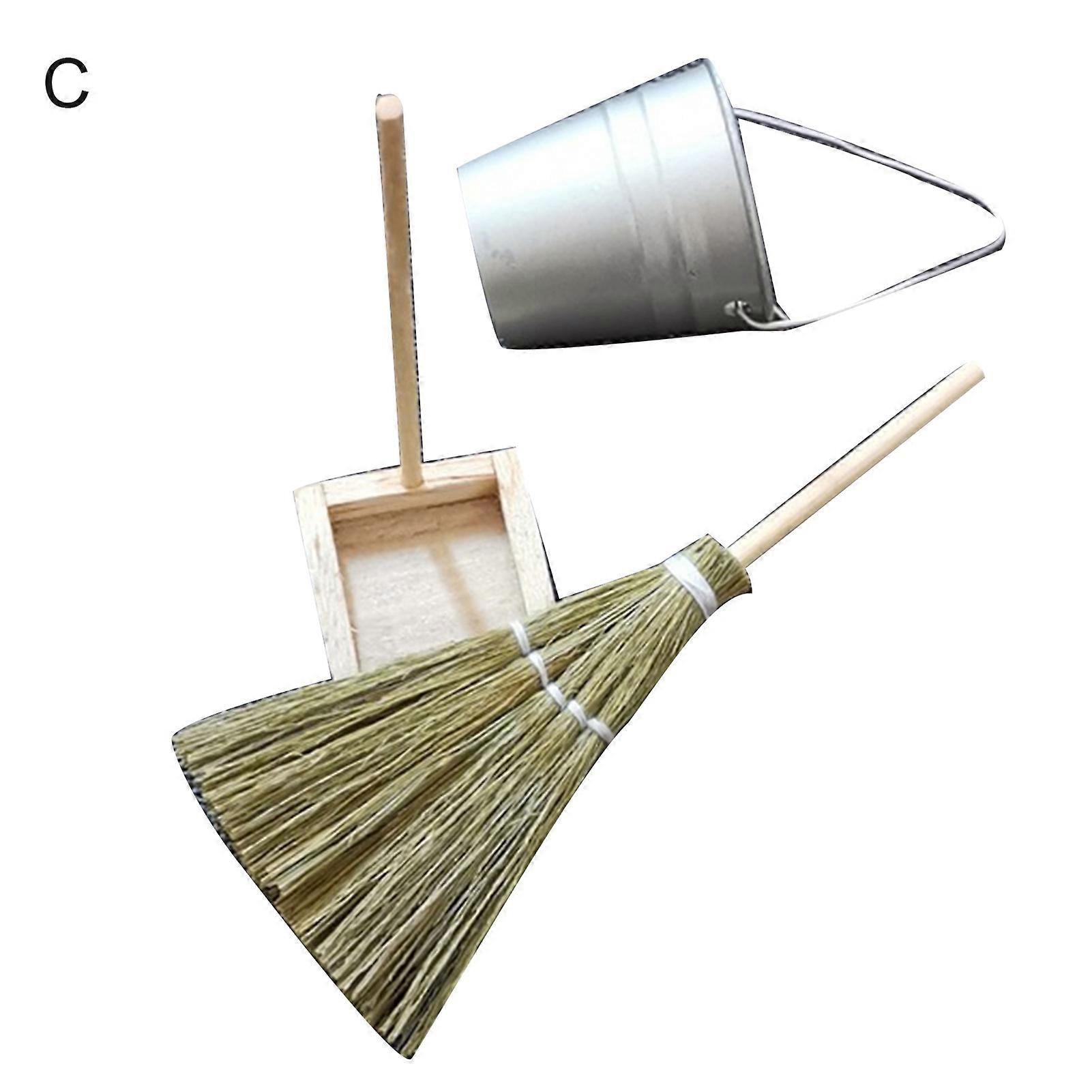 Mini Broom Dustpan Bucket Simulation Household Model Decor Toy Set for Dollhouse