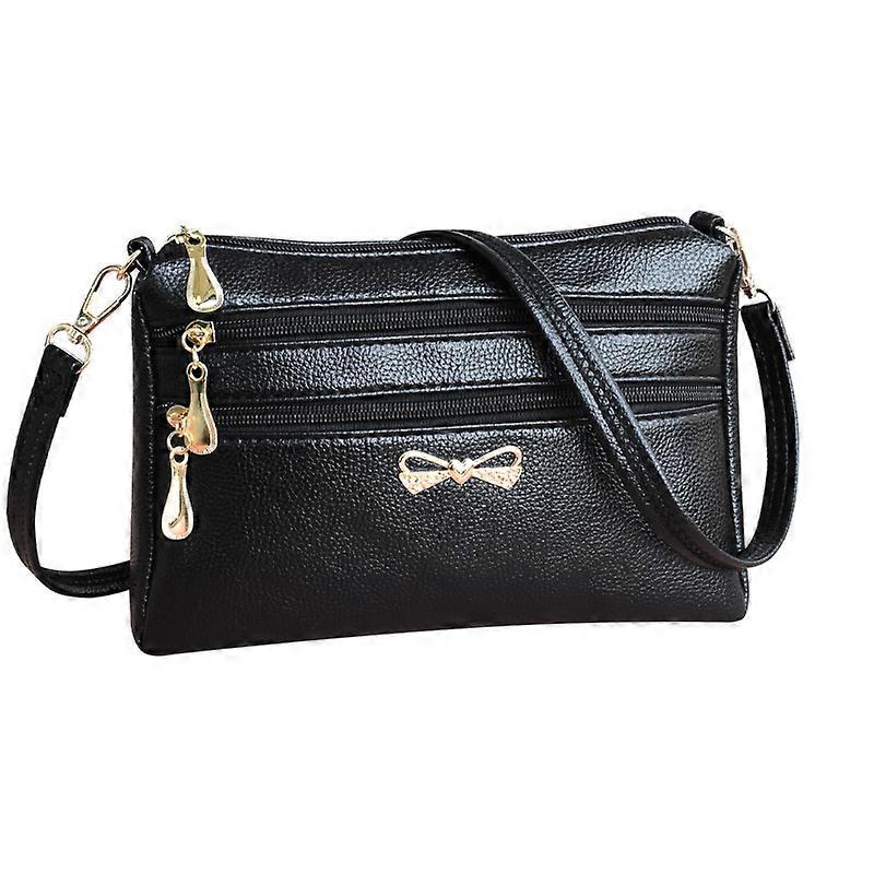 Solid Leather Crossbody Bag Women Litchi Pattern Multi-layer Purse (Black)