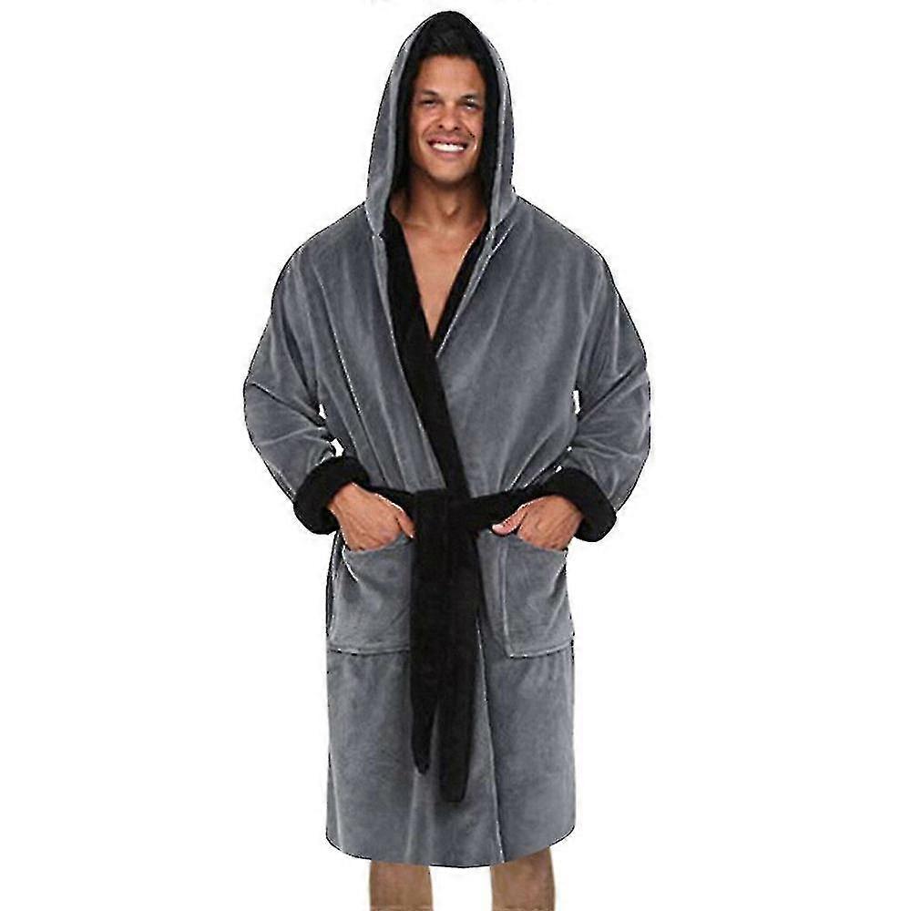 Men Hooded  Fleece Dressing Bathrobe