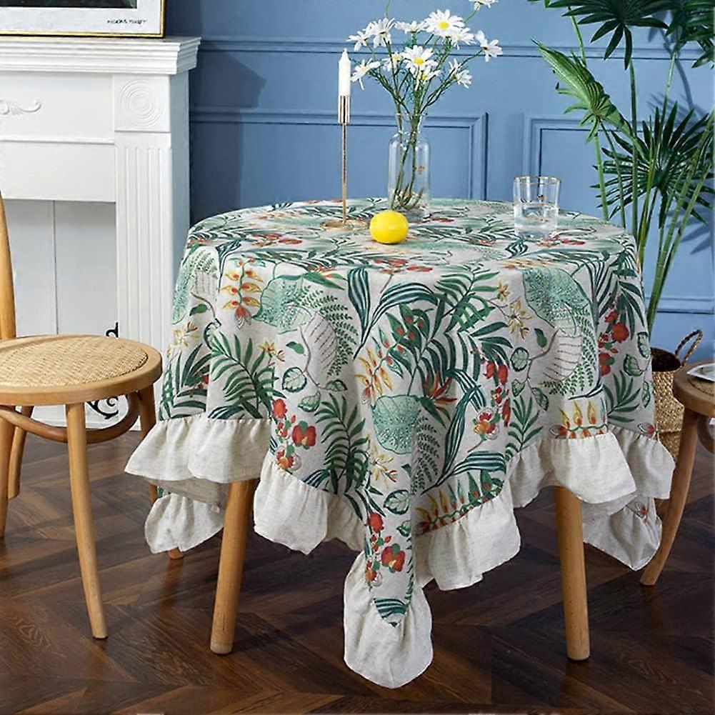 Vintage Leaf Pattern Tablecloth for Square Tables Farmhouse Rustic Ruffle Trim Table Cover for Kitchen Wedding Banquet Tabletop Use (Leaf, Diameter 71