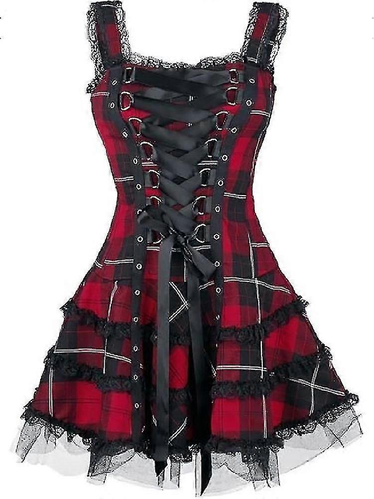 Vintage Plaid Bandage Gothic Women A-line Dresses Grunge Aesthetic Lace  Trim Patchwork Mini Dress Punk Bodycon Sexy Partywear-YH | Fruugo UK