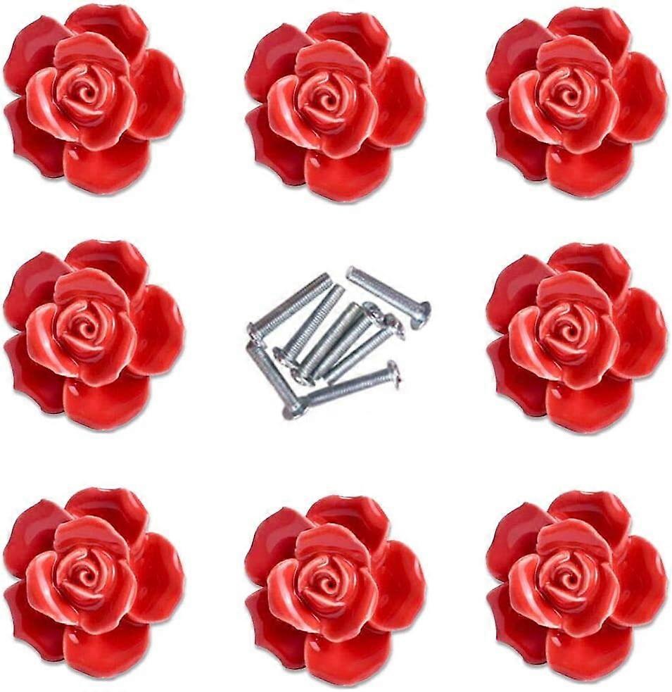8Pcs Elegant Red Rose Pulls Flower Ceramic Cabinet Knobs Cupboard Drawer Pull Handles
