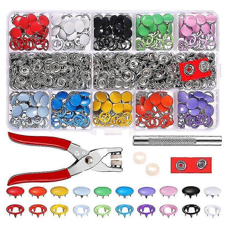 Tangverktøy + 100 sett 10 farger Metall Syknapper Hul Solid Prong Trykk Studs Snap Fester For Klær Vesker