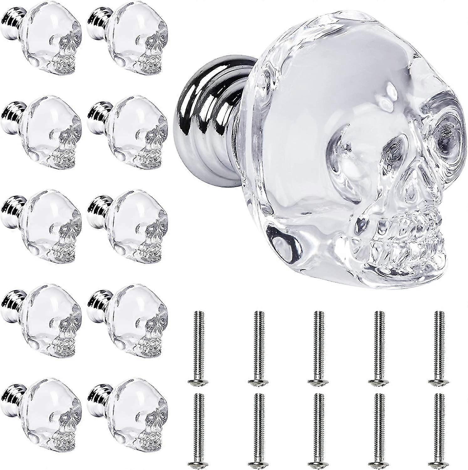 10 Pcs Crystal Glass Door Knobs, Skull Clear Glass Wardrobe Pull Knobs With Screws, Drawer Knobs Handle For Bedside Cabinet Cupboard Home Kitchen Bedr