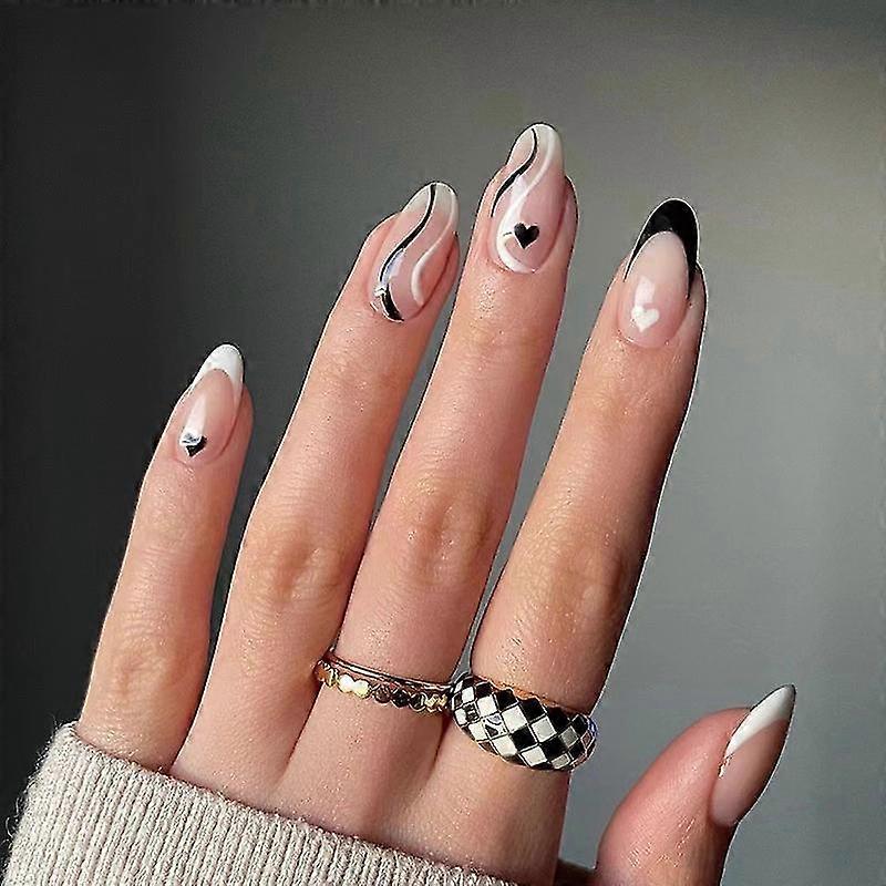 24-pack Women's Wear Nails Oval Style French Style Black And White Colorblock Line Waves For Summer Diy Manicure Tools Full Coverage Nail Stickers