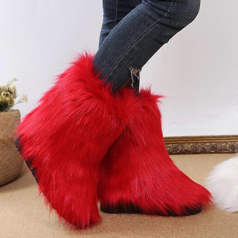 Women's Faux Fur Boot Furry Fluffy Short Snow Boot Mid Boots Warm and Comfortable Outdoor Flats