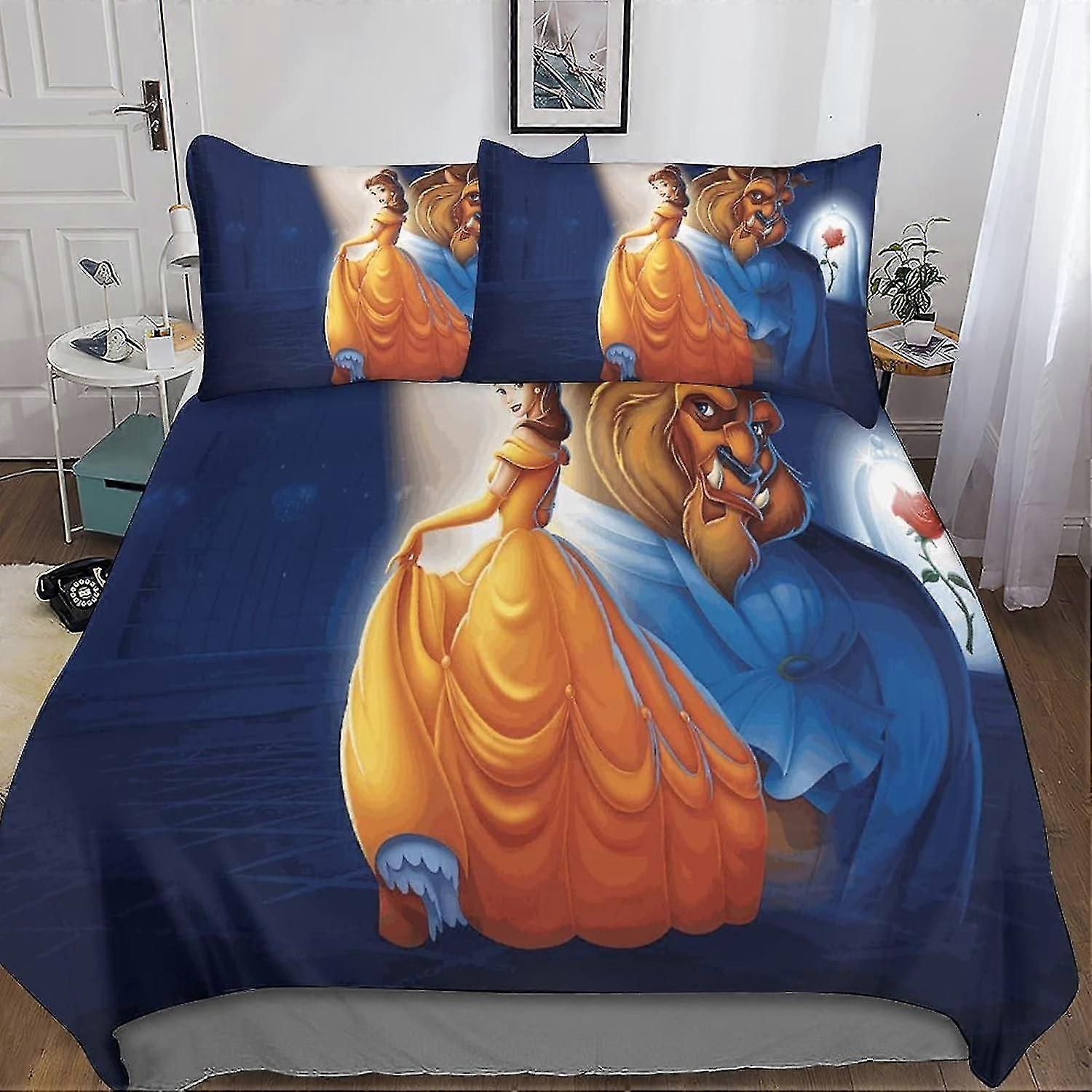 o3093 Lençóis de Cama A Bela e a Fera Conjunto de Capa de Colcha 3D Personagens de Anime Conjunto de Capa de Edredom Única - Capa de Edredom de Microfibra Macia com Travesseiro Ca