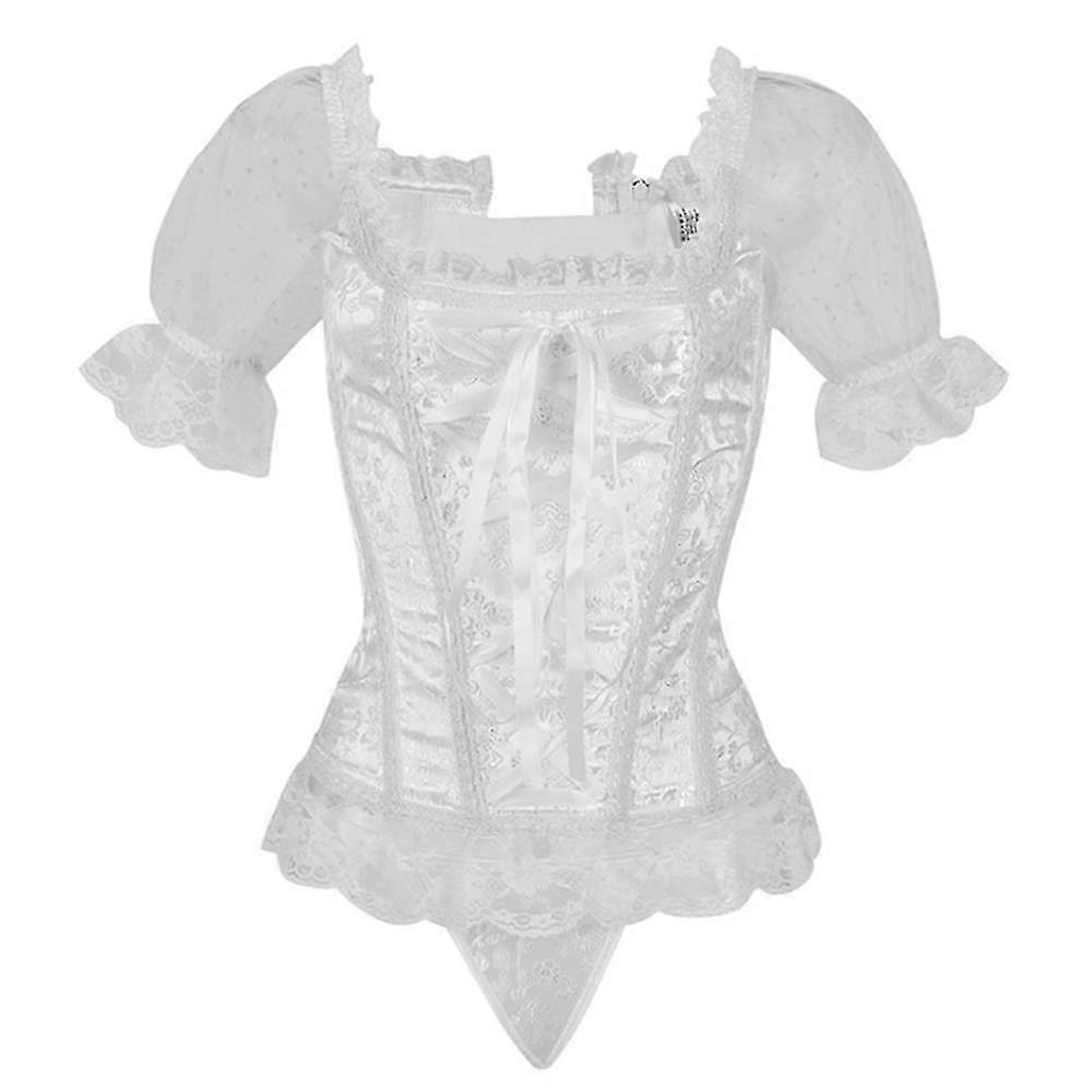 Women Mesh Sheer Puff Sleeve Off Shoulder Lace-up Corset Retro Shaper Top With Thong Set