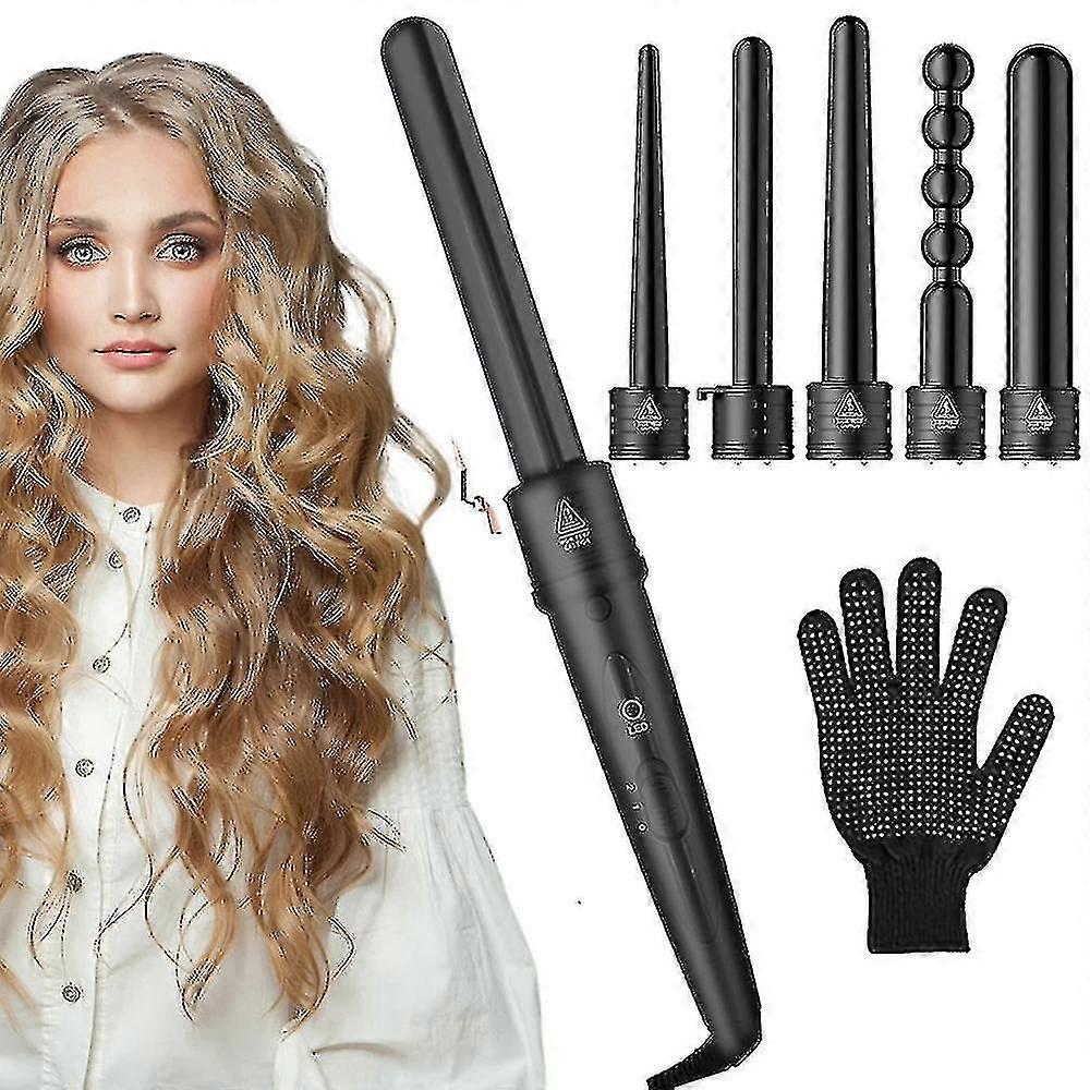 6 In 1 Settings Protective Glove Wired Curling Iron Interchangeable Barrels Set
