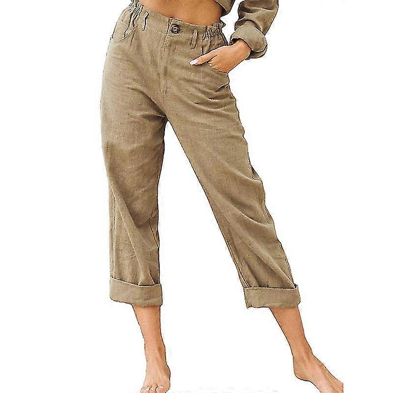 Ladies Solid Cotton Linen Pants Button Loose Trousers Trousers