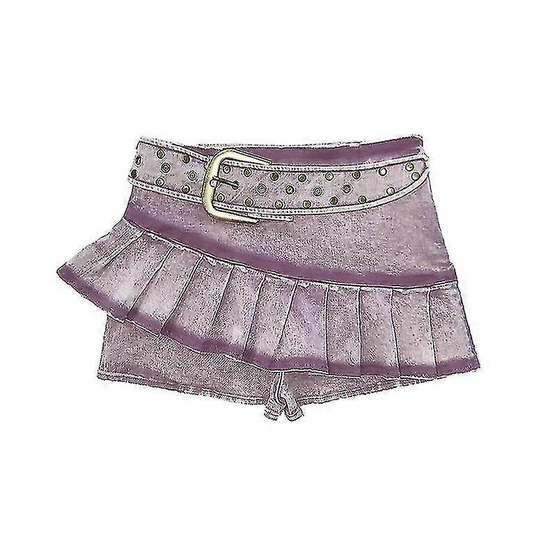 Rivets Ceinture Denim Jupe Pantalon 2-en-1 Asymétrique Plissé Mini Intégré Shorts Violet Y2k Vintage Femmes Acubi Mode