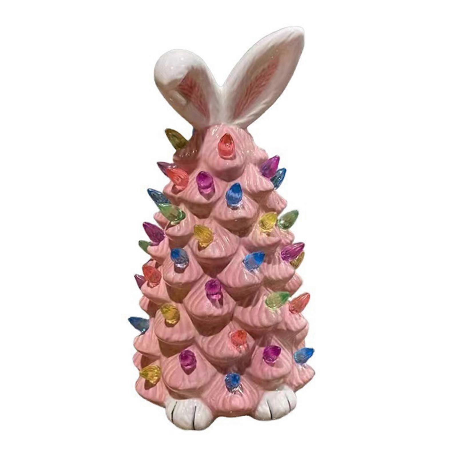 Spring Easter Rabbit Tree Lamp Resin Pink Bunny Tree Lamp with Ears Feet LED Light-up Animal Figurine Statue Sculpture Desktop Decoration Ornament