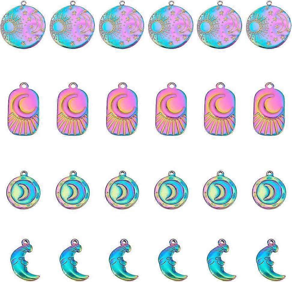 24Pcs 4 Styles Sun Moon Star Pendant Round with Moon Charm Rectangle Moon Pendant Rainbow Moon Face Charm Stainless Steel Dangle Charm for Handmade Je