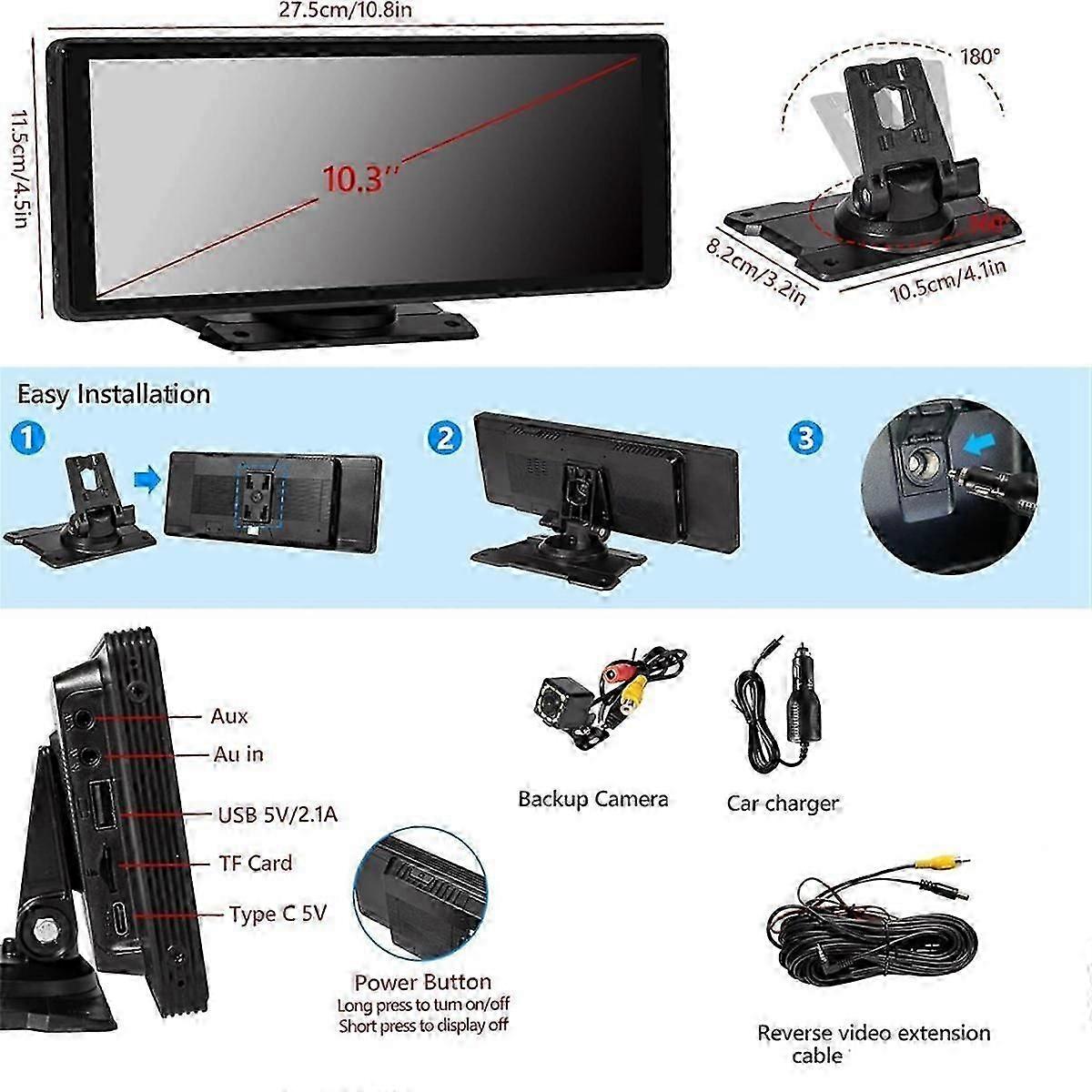 10.26inch Wireless Carplay Android Auto Stereo With Ahd Backup Camera, Portable Car Radio Bluetooth Mirror Link