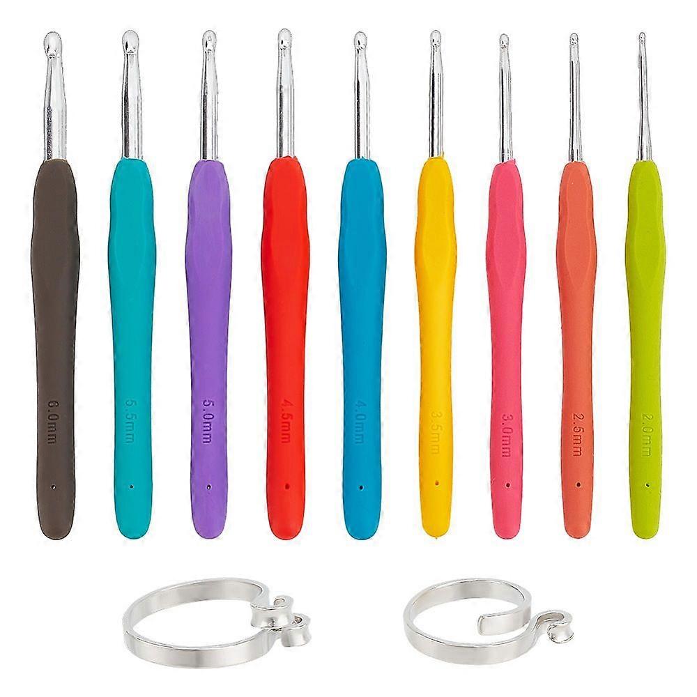 2Pcs 2 Styles Alloy Yarn Guide Finger Holders with 9Pcs Aluminum Crochet Hooks Needles for Crochet Craft Making Colorful Inner Diameter: 16.6~18mm