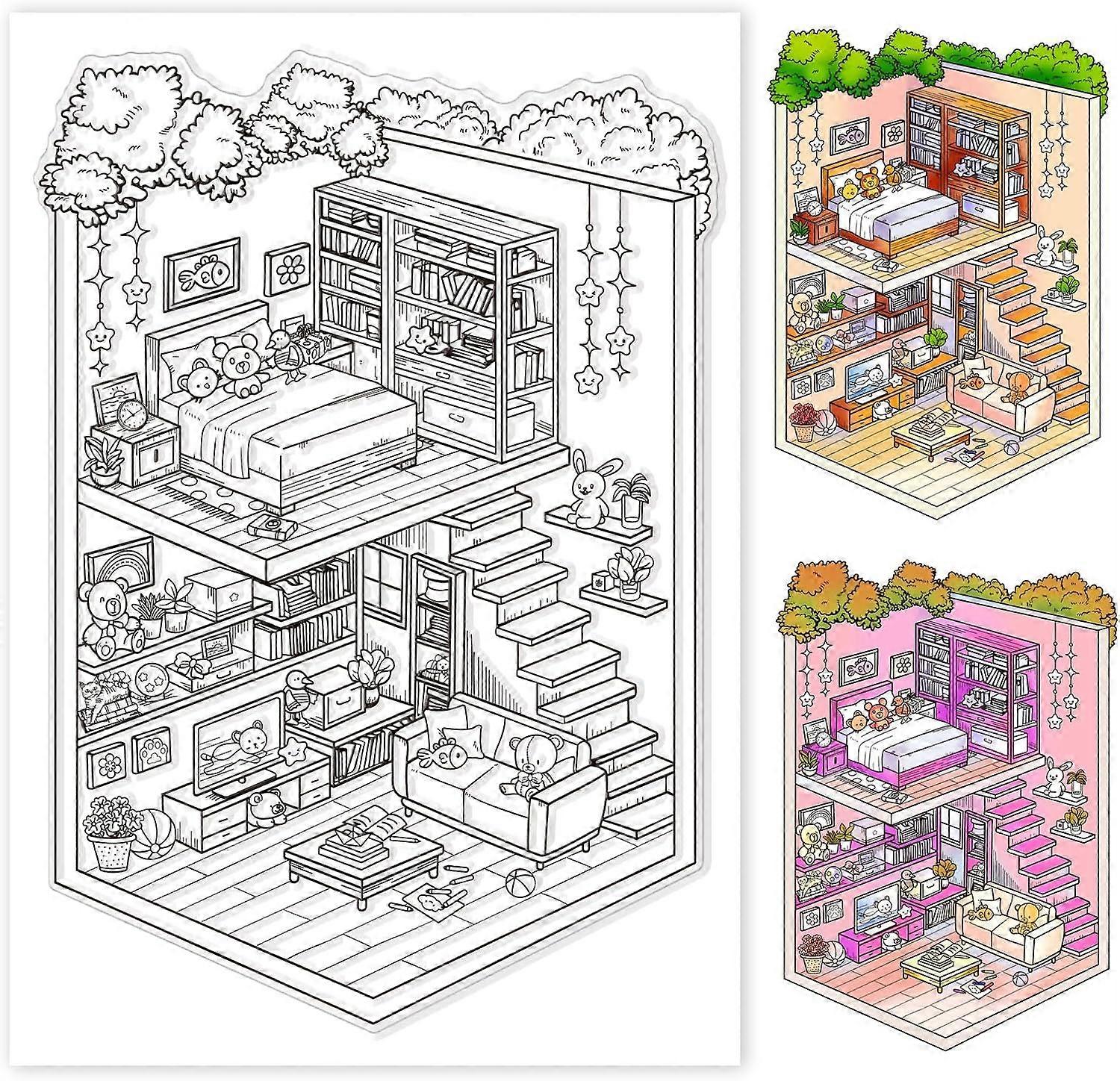 3D Room Background Building Clear Stamp for Card Making Coloring Book Clear Silicone Stamp 21x14.8cm Construction Clear Seal Stamp for DIY Scrapbookin
