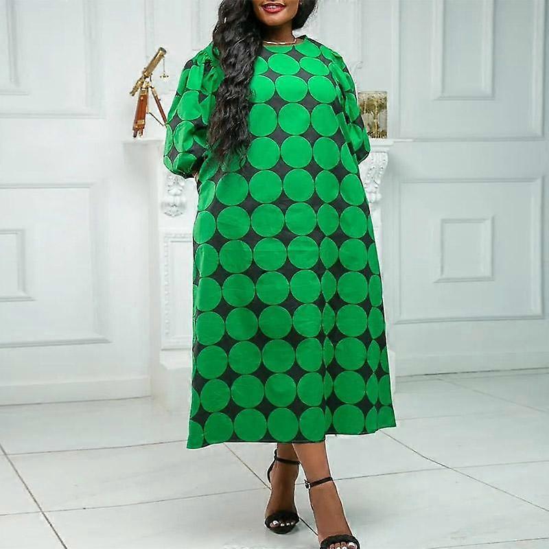 VONDA Women's Plus Size Round Neck 3/4 Short Sleeve Circle Printed Solid Colour Loose Dresses