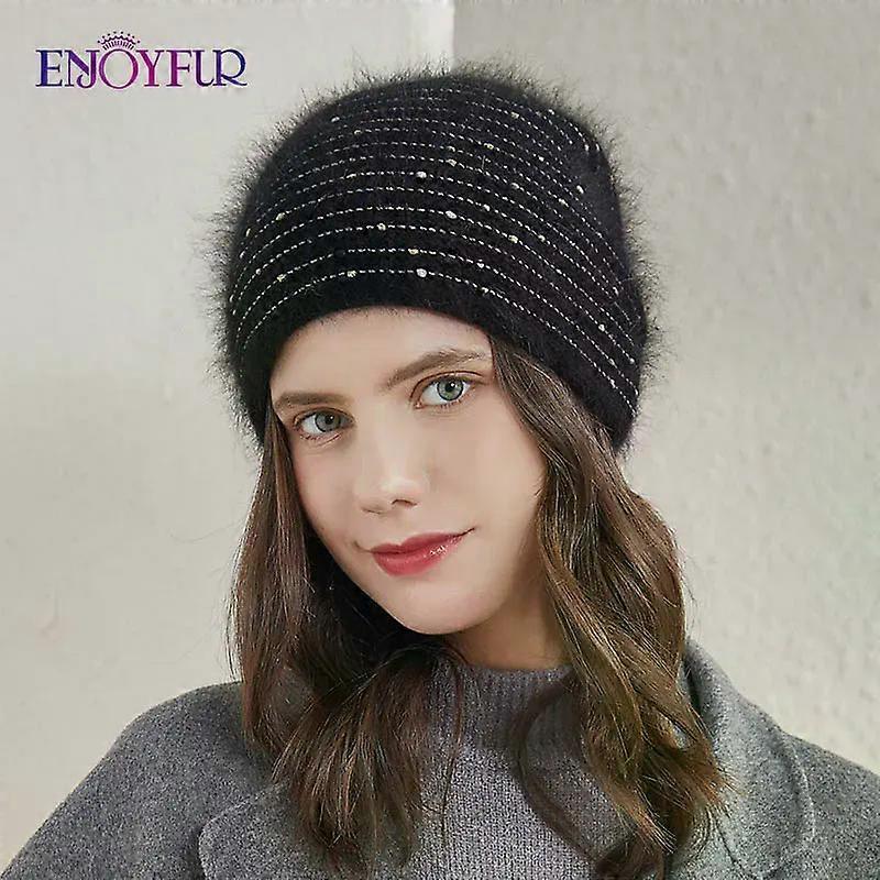 Enjoyfur Dámské pletené zimní čepice Tlusté teplé Angola vlasy Štrasová čepice Dámská móda Kvalitní zimní čepice
