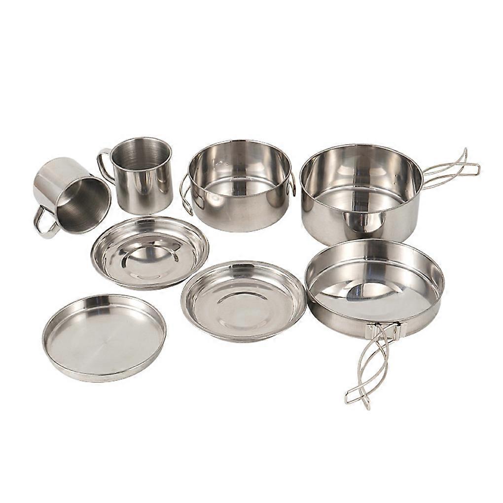 8 Pieces Outdoor Cookware 410 Stainless Steel Hiking Backpacking Pots Pans Washable Barbecue Cooking Cups Tableware