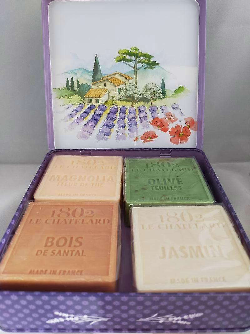Metal square soap tin Vue Provence with 4 soft palm oil-free soaps jasmine-sandal wood-magnoli
