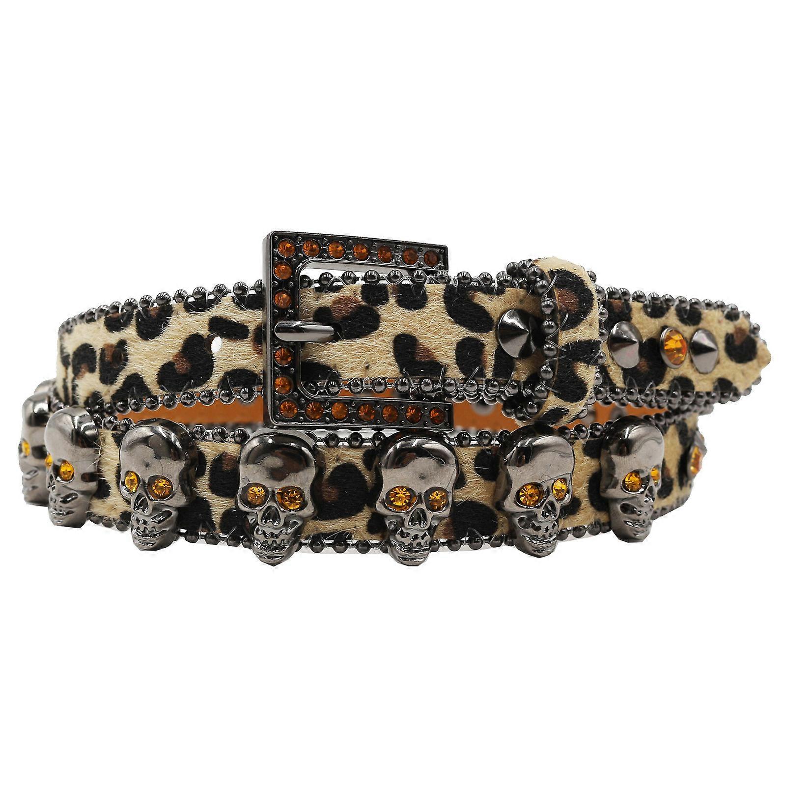 Punk PU Waist Belt Heavy Duty Rivets Hip Hop Skull Belt Waistband Glinting Buckle with Encrusted Rhinestones  Yellow S