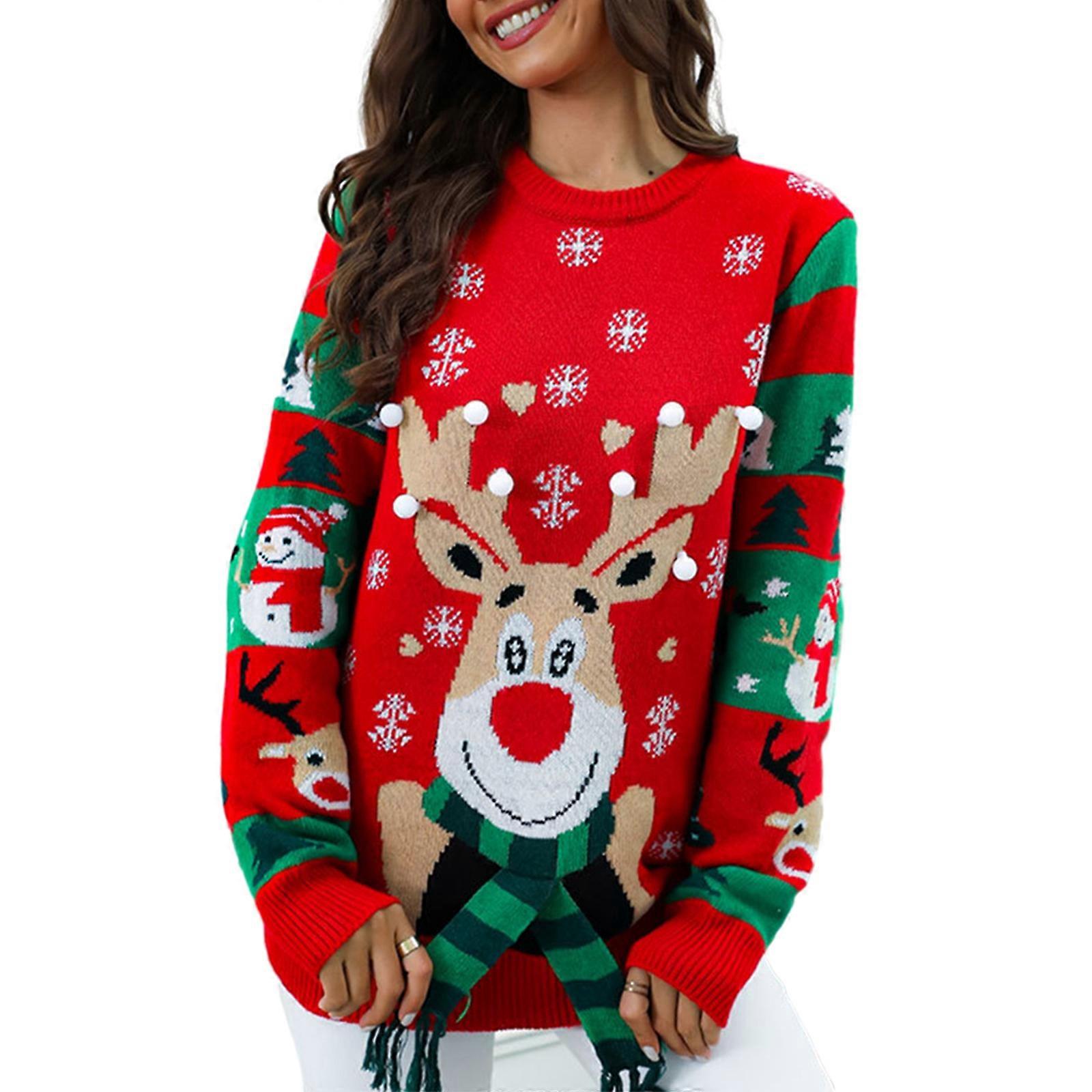 Damen Rundhalsausschnitt Langarmpullover Herbst Winter Gerippter Strickpullover Top Weihnachtspullover Strick Tops M