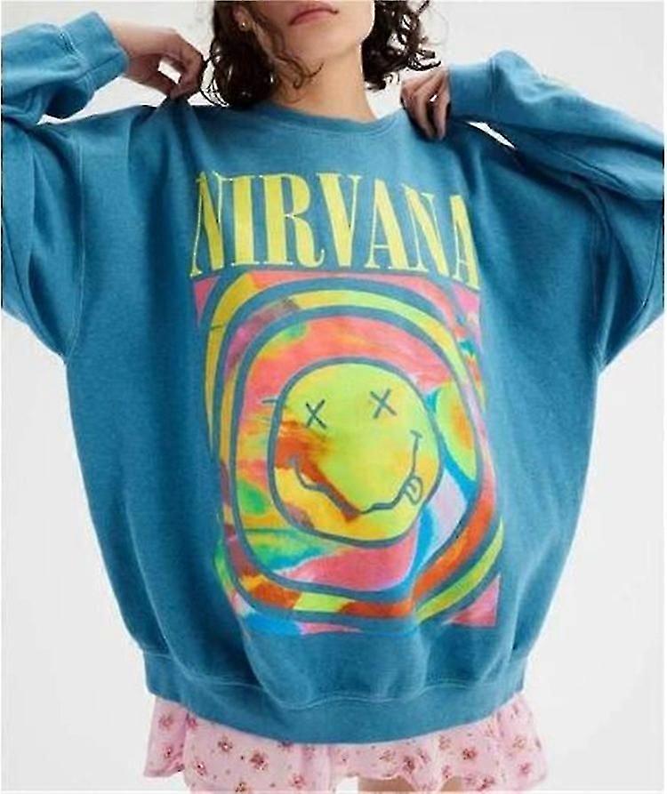 Moletom com Capuz Estampado Nirvana Versátil Top de Suéter para Mulheres XL Azul