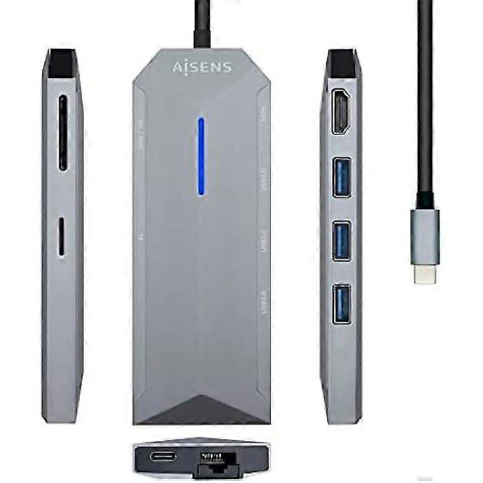 AISENS - DOCK USB-C 8 IN 1, USB-C A 1xHDMI, 1xRJ45, 3xUSB, 1xPD, 1xSD, 1xMICRO SD, GRIGIO, 15CM