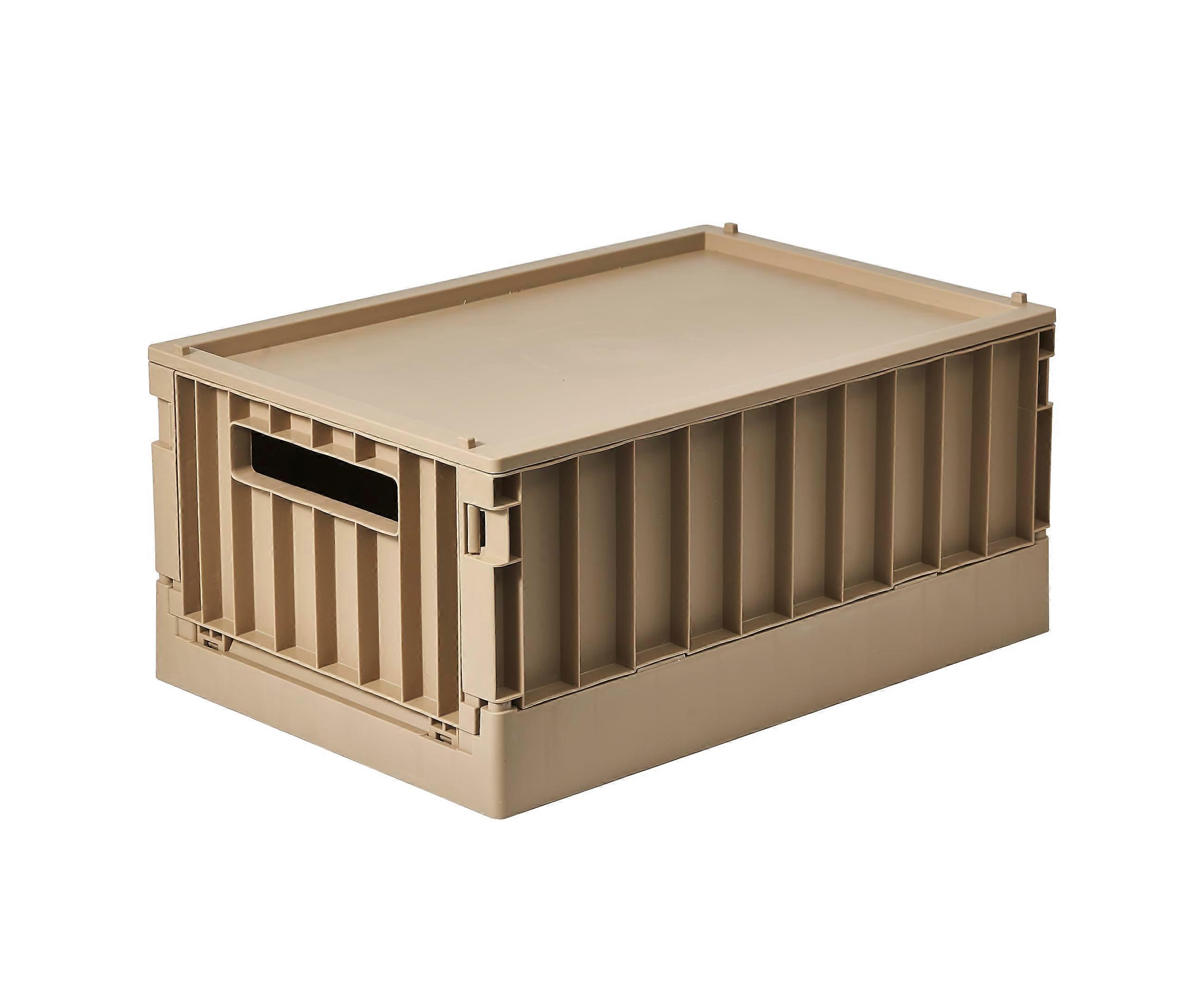 Foldable Storage Bin Box - Large Light Brown Collapsible Crate with Lid for Home, Office, and Camping Organization