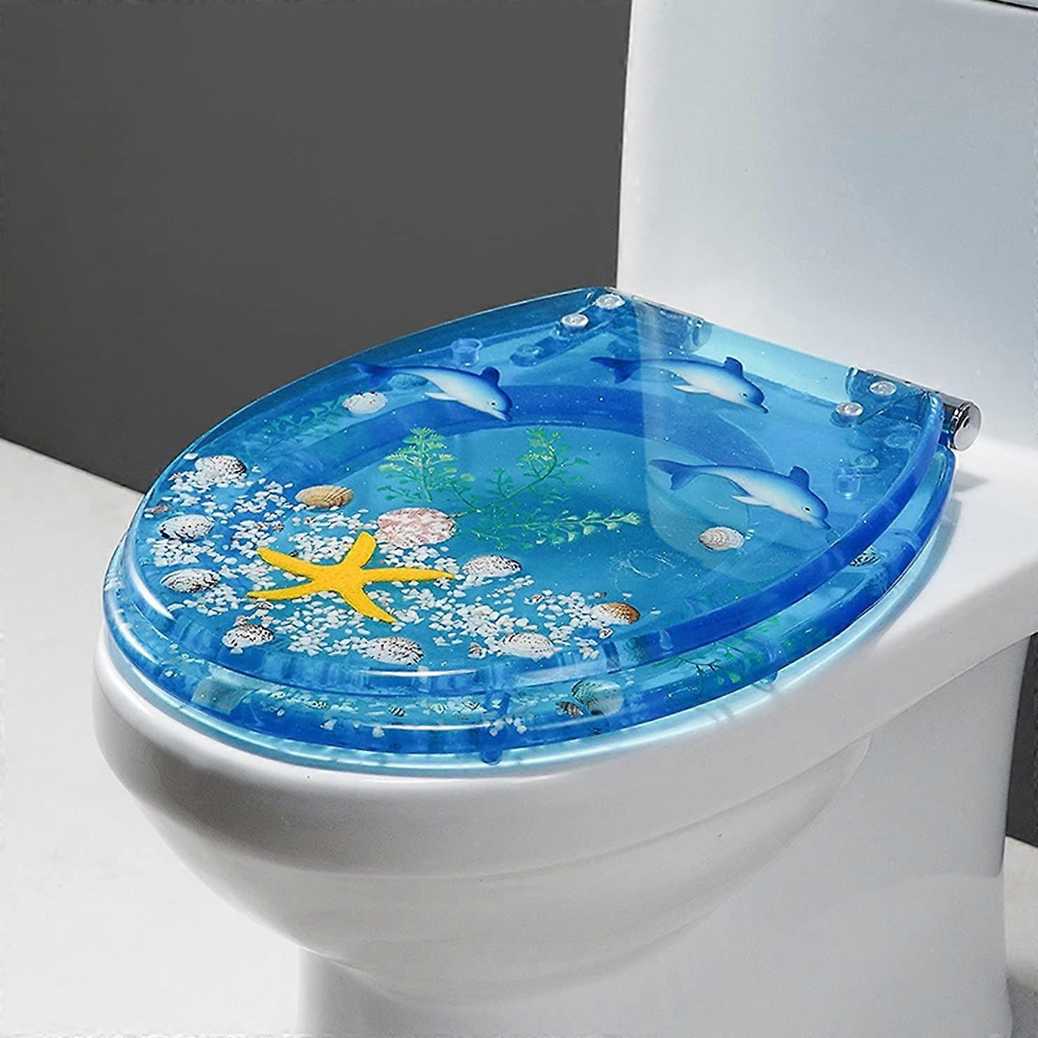 Transparent Standard Resin Toilet Seat Lid Covers with Chrome Hinges 3D Ocean Series Round for U/V/O Toilets