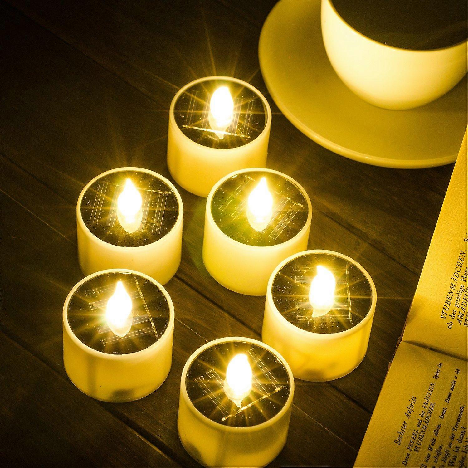 6pcs Solar LED Tea Lights Flameless Rechargeable Lanterns with IP65 Waterproof and Dusk Sensor for Garden Camping Party Decor, 2.3" x 2"