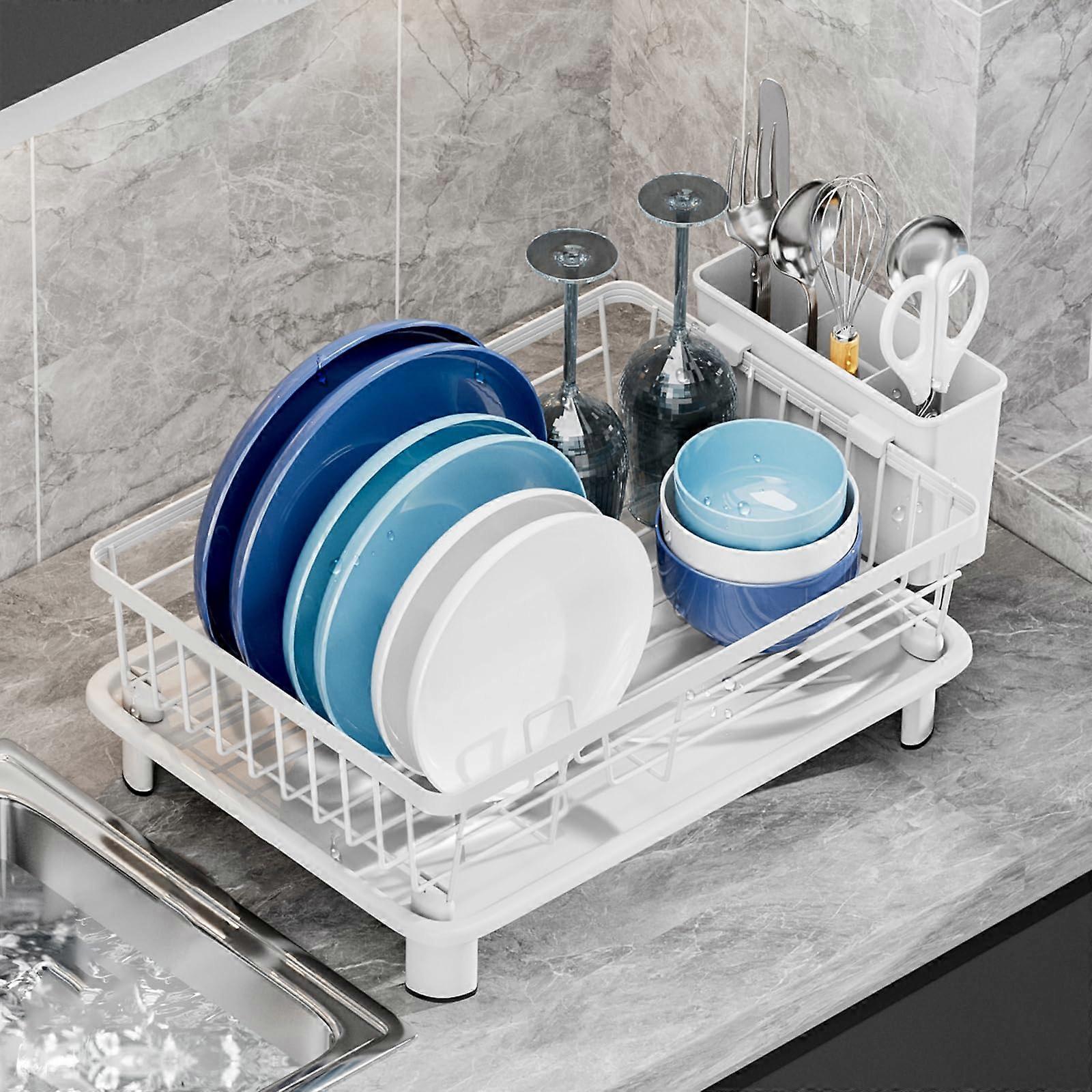 Dish Drying Rack, Space-Saving, for Kitchen Counter, with Removable Holder & Drainboard, White