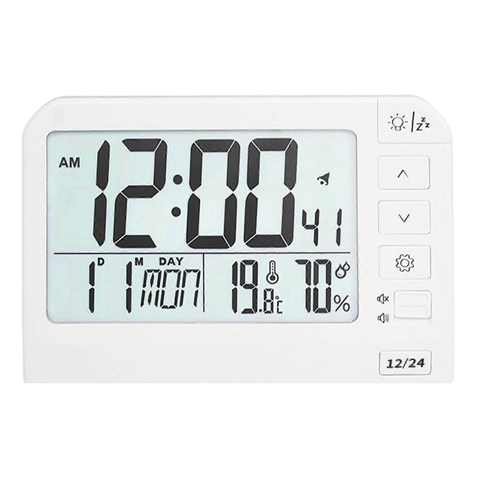 Quiet Operations Large Screen LCD Digital Clock with Alarm Backlight Temperature Desk Clock for Home and Office Setting White
