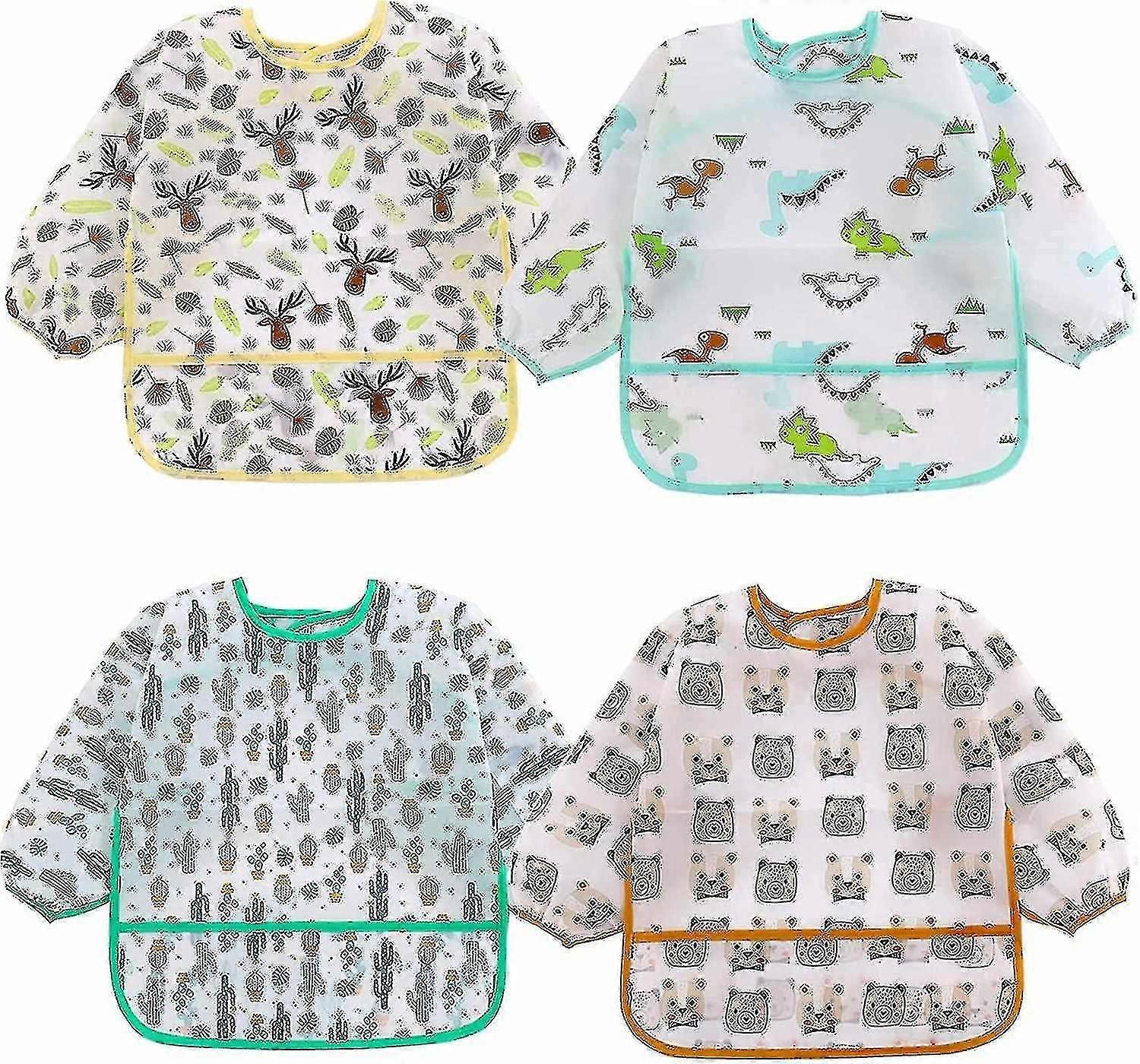 Confezione da 4 bavaglini impermeabili a maniche lunghe per neonati con ampie tasche resistenti a macchie e odori