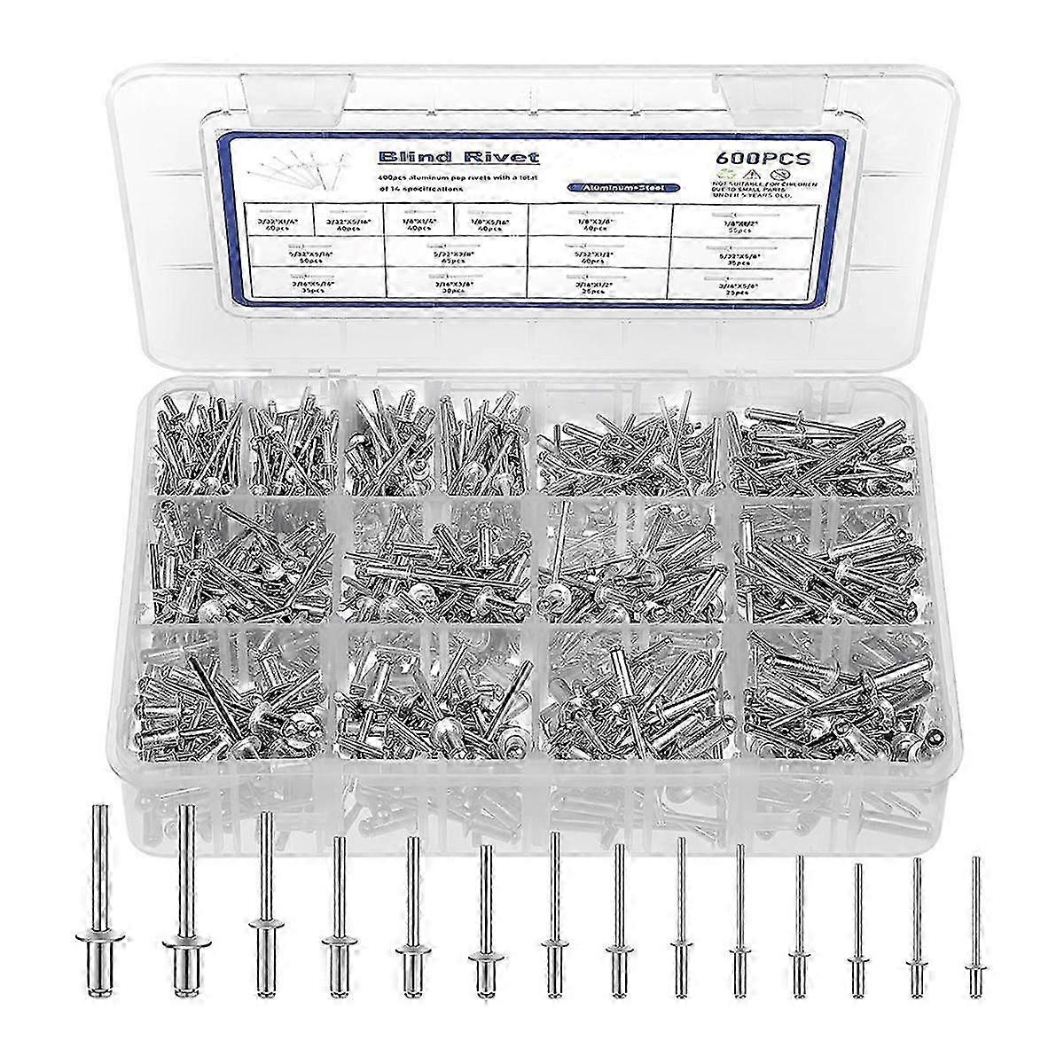 600 Pcs 14 Taille Rivets Assortiment Kit Rivets En Aluminium (3/32 Pouce 1/8 Pouce 5/32 Pouce 3/16 Pouce), Asso
