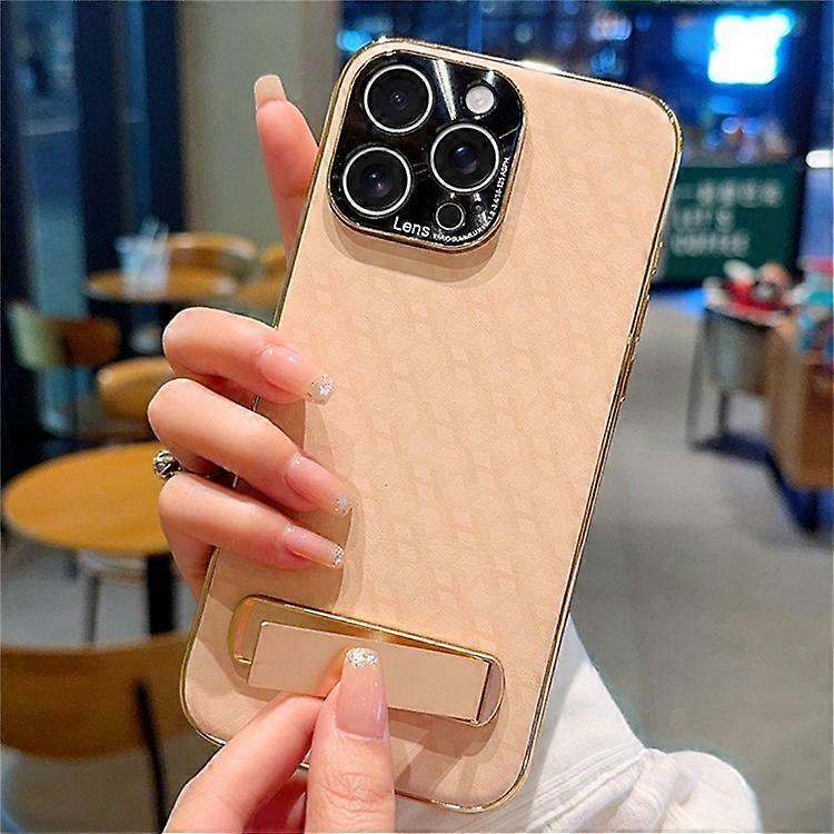 Compatible For iPhone 16 Pro Max Case PU Leather + PC Electroplated Phone Cover with Kickstand
