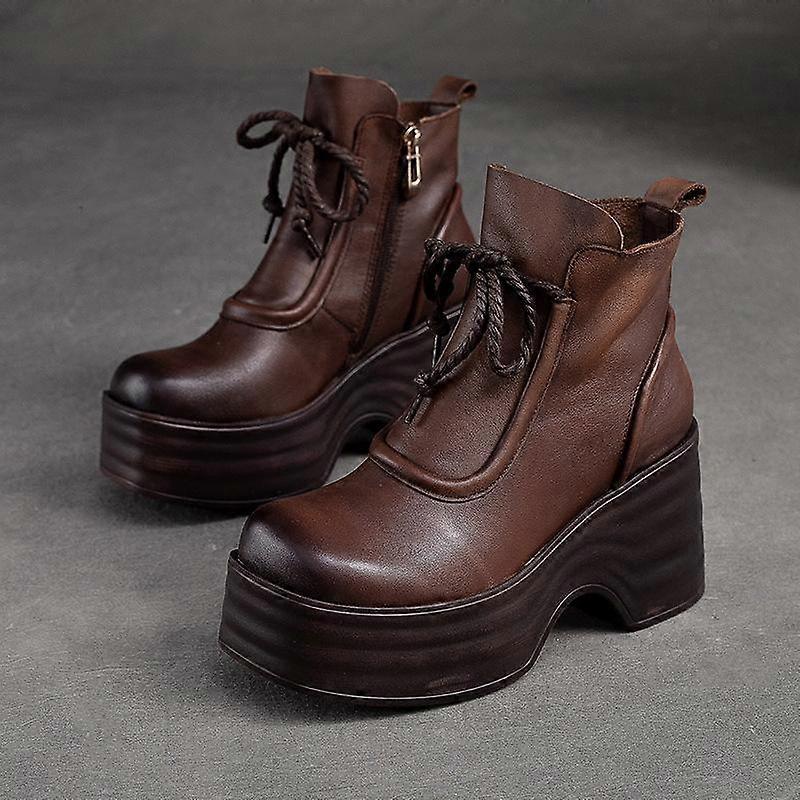 Johnature Genuine Leather Plush Warm Short Boots Vintage High Rise Thick Soled Women's Platform Shoes