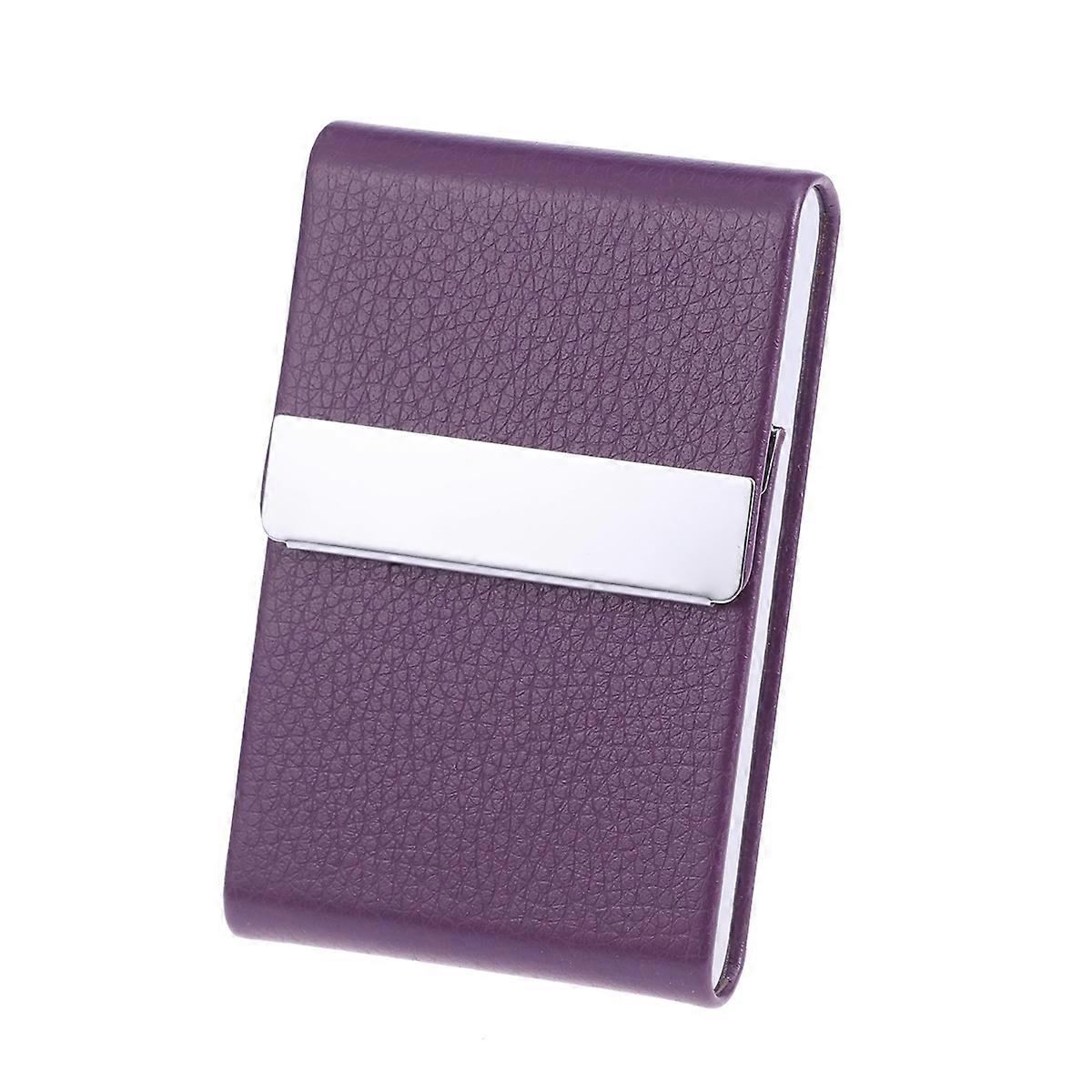 Portable Name Card Holder Big Capacity Vertical Section Business Card Case Purple Pu Leather Stainless Steel For Professional Events 1Pack