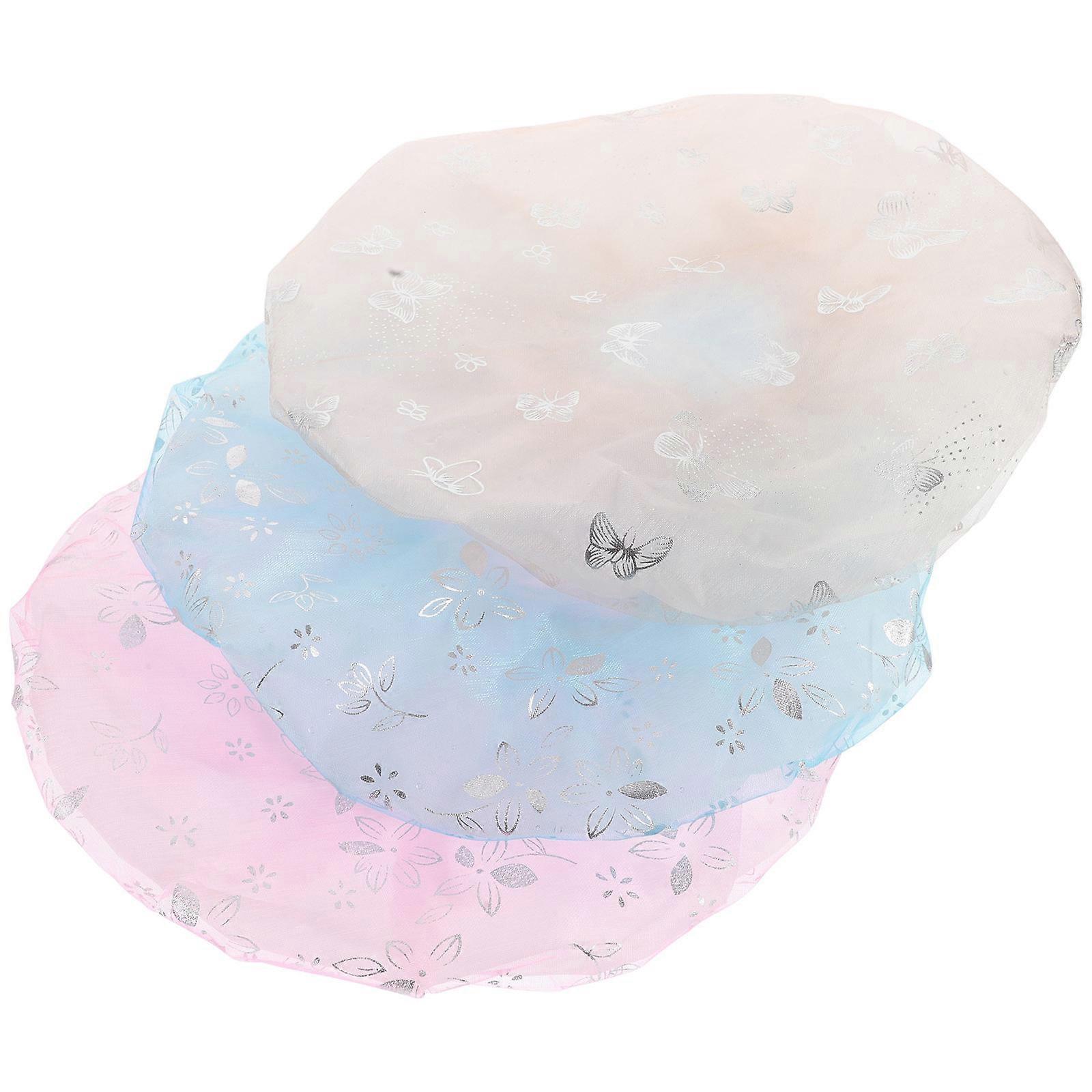 Double Layers Waterproof Shower Caps 3Pcs Assorted Color Mesh Fabric Hair Mask Cap for Shower