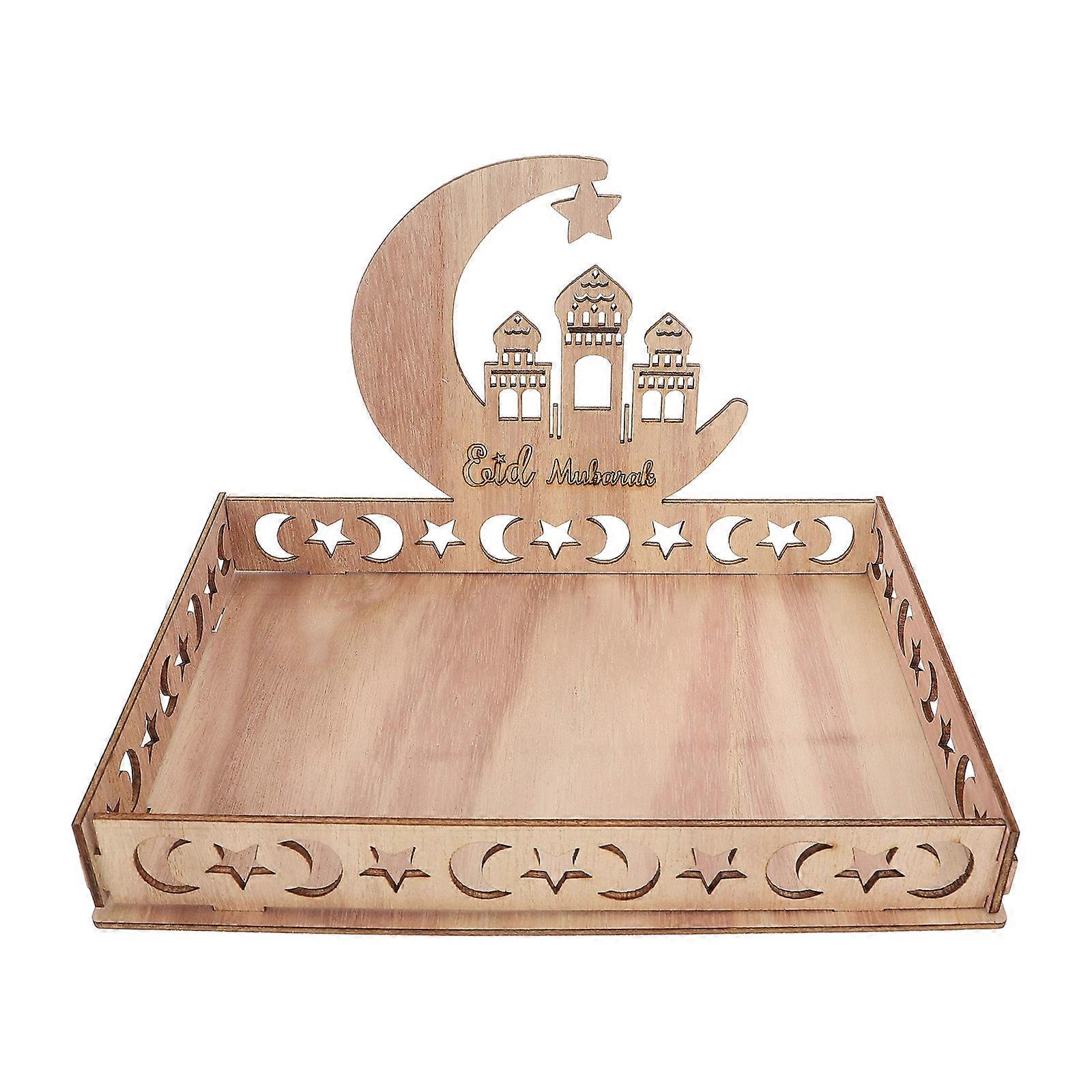 Eid Mubarak Dessert Tray Wooden Middle Eastern Food Serving Tray Rectangular Khaki 28x20cm For Restaurant 1Pcs