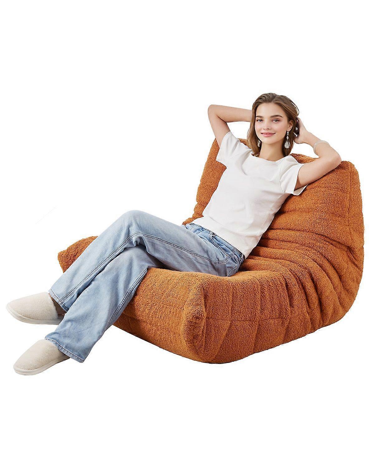 Bean Bag Chair, L-Shaped Bean Bag Chair with Soft Armrests and Storage Pocket, 25D Memory Foam Filled with Soft Teddy Velvet Cover, Brown