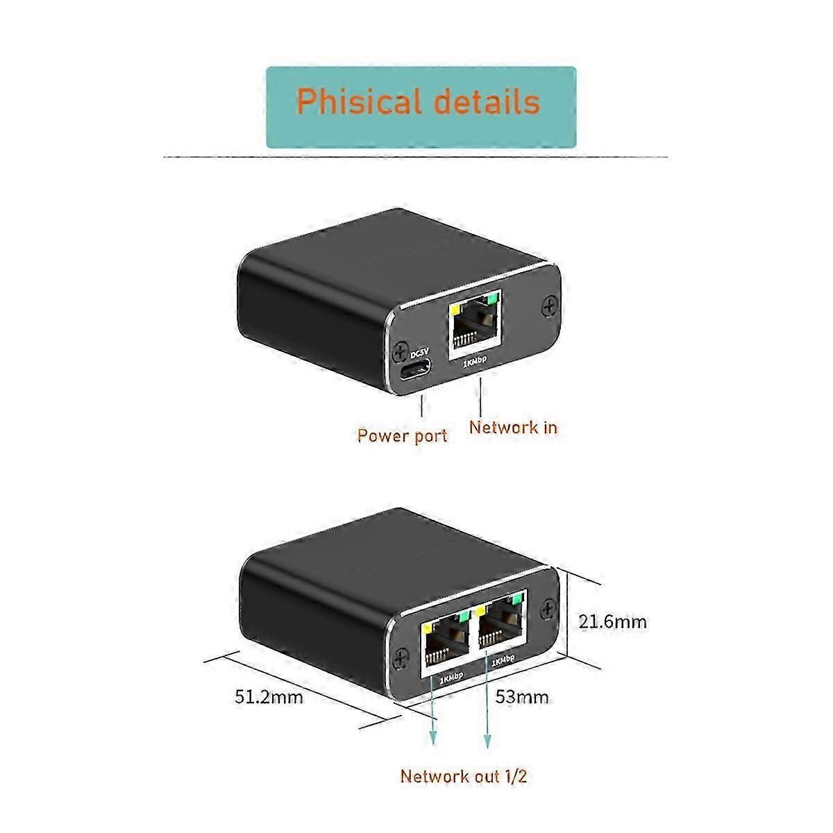 High Speed Ethernet Splitter 1 to 2 with Power Cord for Gigabit Connectivity