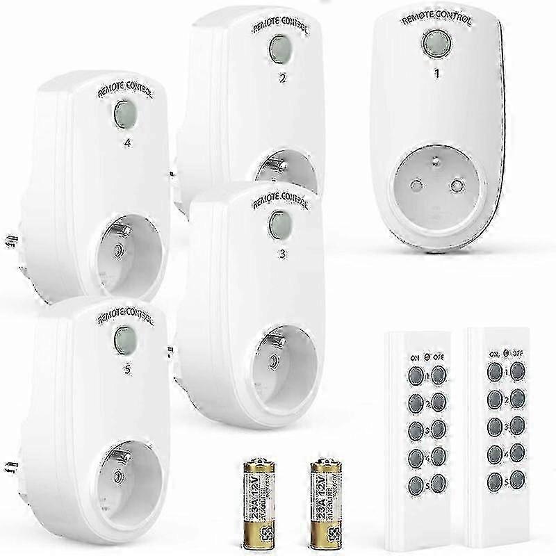 Set of 5 Programmable Electrical Sockets, Wireless Remote Control Sockets with 2 Remote Controls