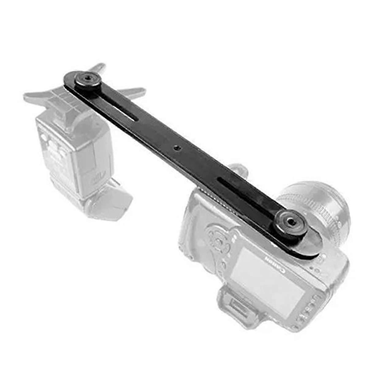 Double flash bracket for screw tripod mount with nonslip rubber pad, supports cameras or flash shoe mounts simultaneously.