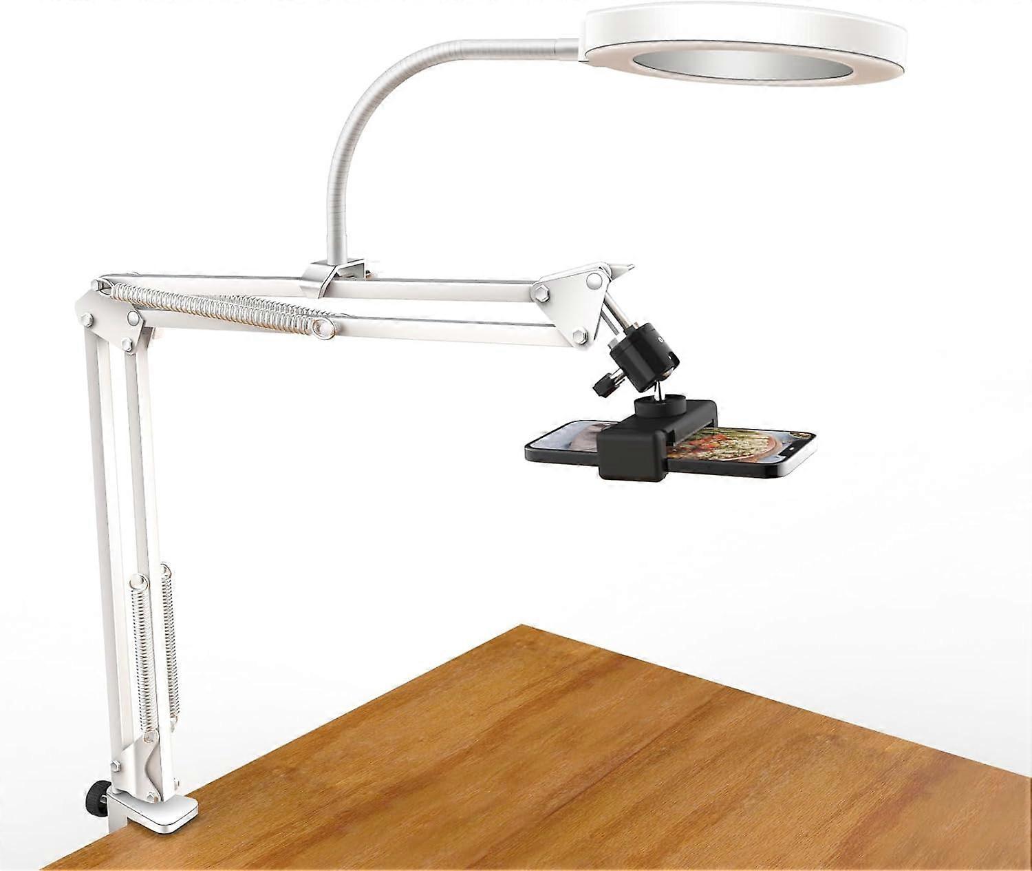 White Overhead Camera Mount with Ring Light, Desk Flexible Articulating Phone Arm Stand Compatible with iPhone, Content Creator